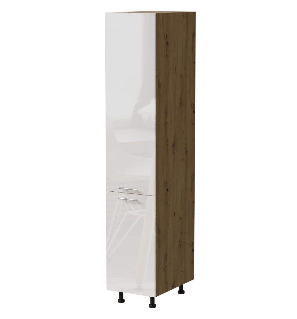 Feldmann-Wohnen Apothekerschrank Essen (2D14K/40 kargo, 1 Tür, 2 Einlegeböden, 1 Korbauszug, 1-St., moderne Optik, Acrylfronten mit Glaseffekt) 40x59x207cm Eiche Artisan - weiß Hochglanz (ES-2D14K/40/kargo)