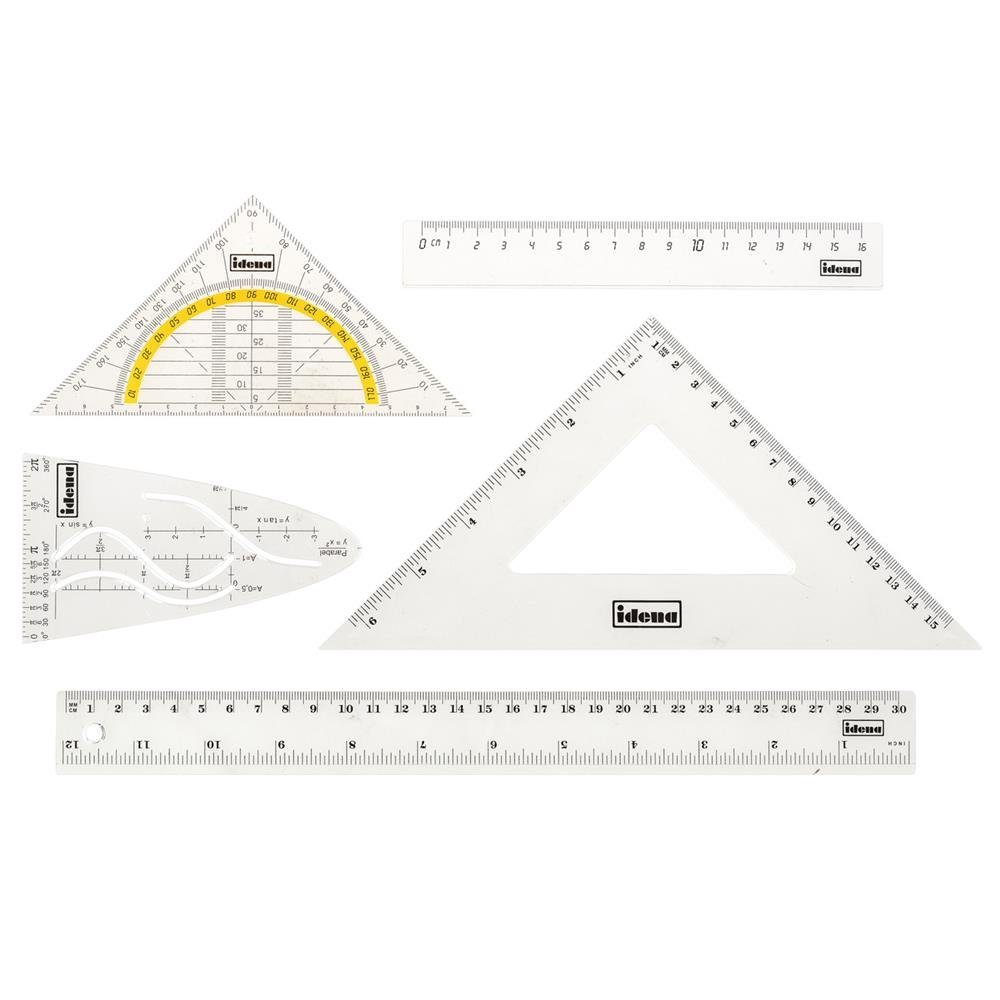 Idena Geodreieck Geometrie-Set, 6-teilig, 2 Lineale, Zeichendreieck, Parabel, Geodreieck und abheftbare Mappe