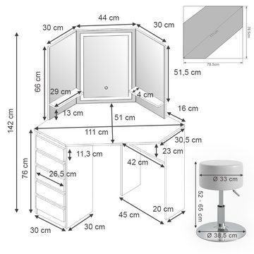 Vicco Schminktisch Eckfrisiertisch Schminkkommode ARIELLE Weiß LED-Spiegel Hocker