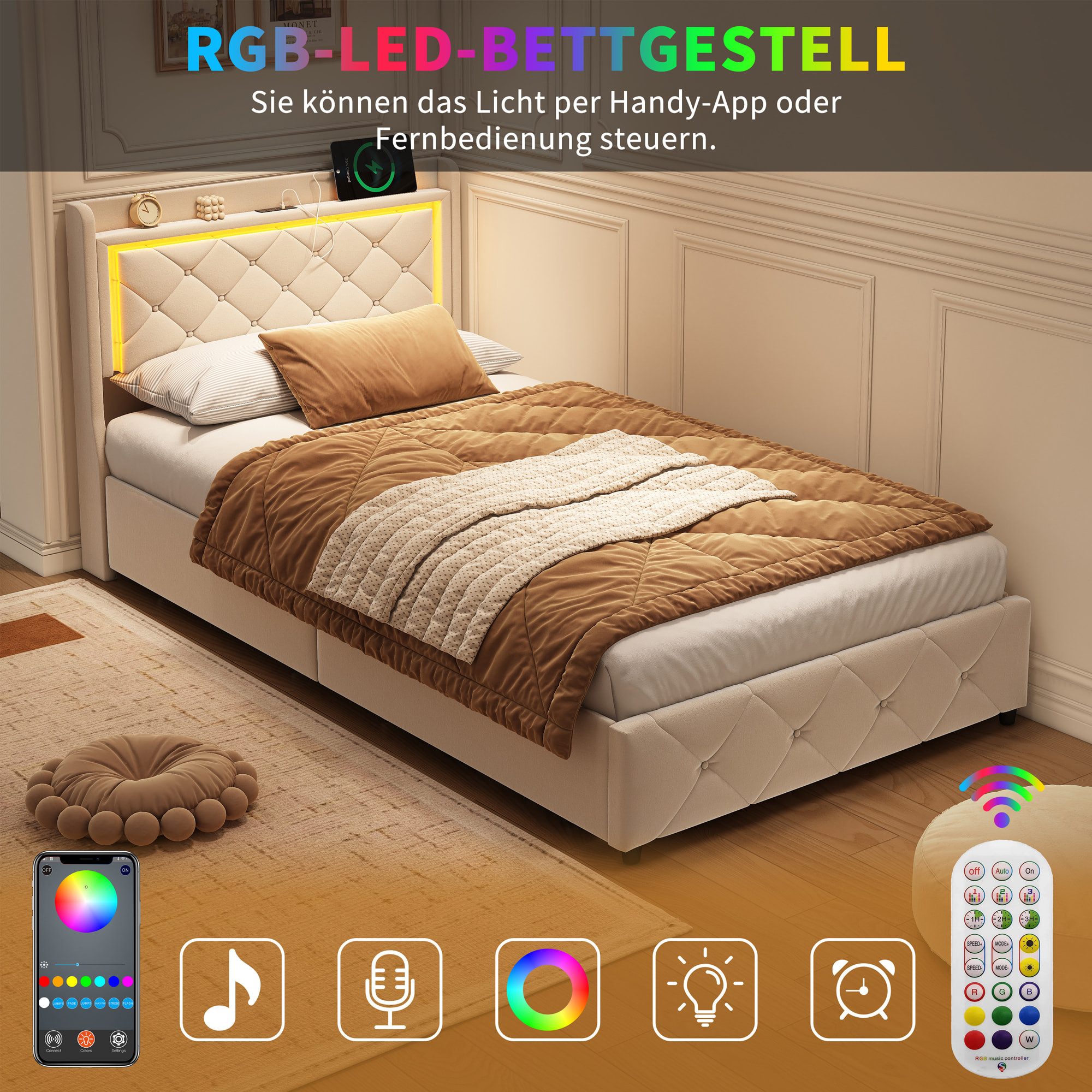 Simurq Polsterbett 90x200 mit Bettkasten, Einzelbett, Jugendbett, Bettgestell (1 tlg, ohne Matratze, Mit Lattenrost) – Bild 4 von 5