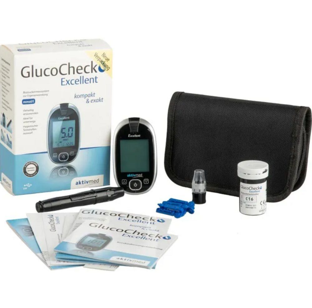 aktivmed Blutzuckermessgerät Glucocheck Excellent Blutzuckermessgerät-Set mg/dl oder mmol/l, Komplett-Set, Datenübertragung auf Computer, Diabetesüberwachung, Beleuchtetes Display und Teststreifen-Auswurftaste