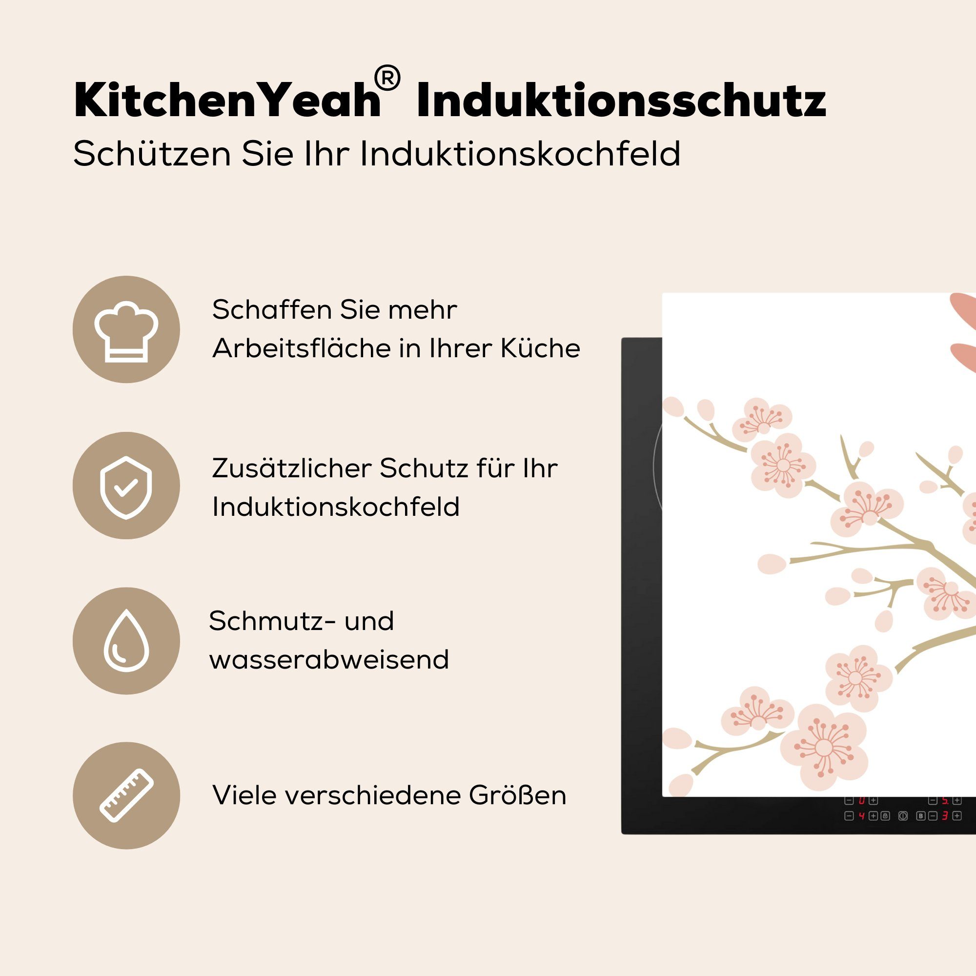 für Vogels tlg), Illustration rosa (1 einer Induktionskochfeld eines 81x52 küche, cm, die Ceranfeldabdeckung MuchoWow Herdblende-/Abdeckplatte Kirschblüte, Vinyl, Schutz auf