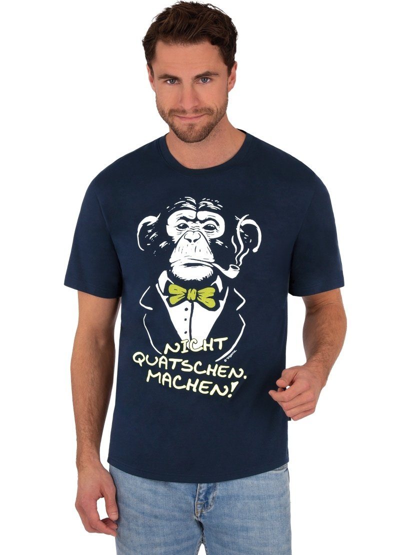 Trigema T-Shirt TRIGEMA T-Shirt mit Affen-Druckmotiv und Spruch navy