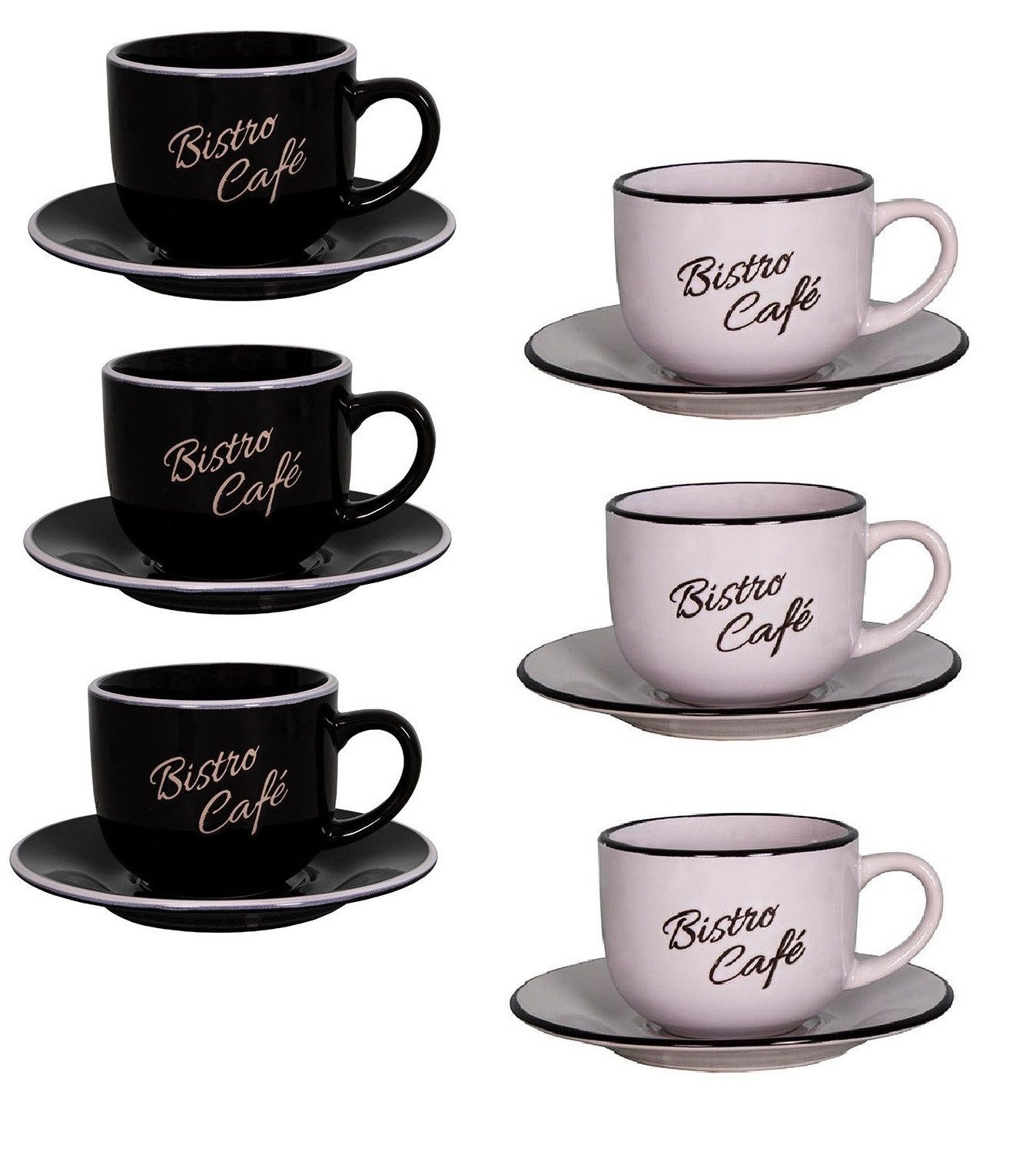 AnticLine Tasse 6er Set Schwarz / Weiss Kaffeetassen m. Unterteller 200ml Antic Line, Steingut