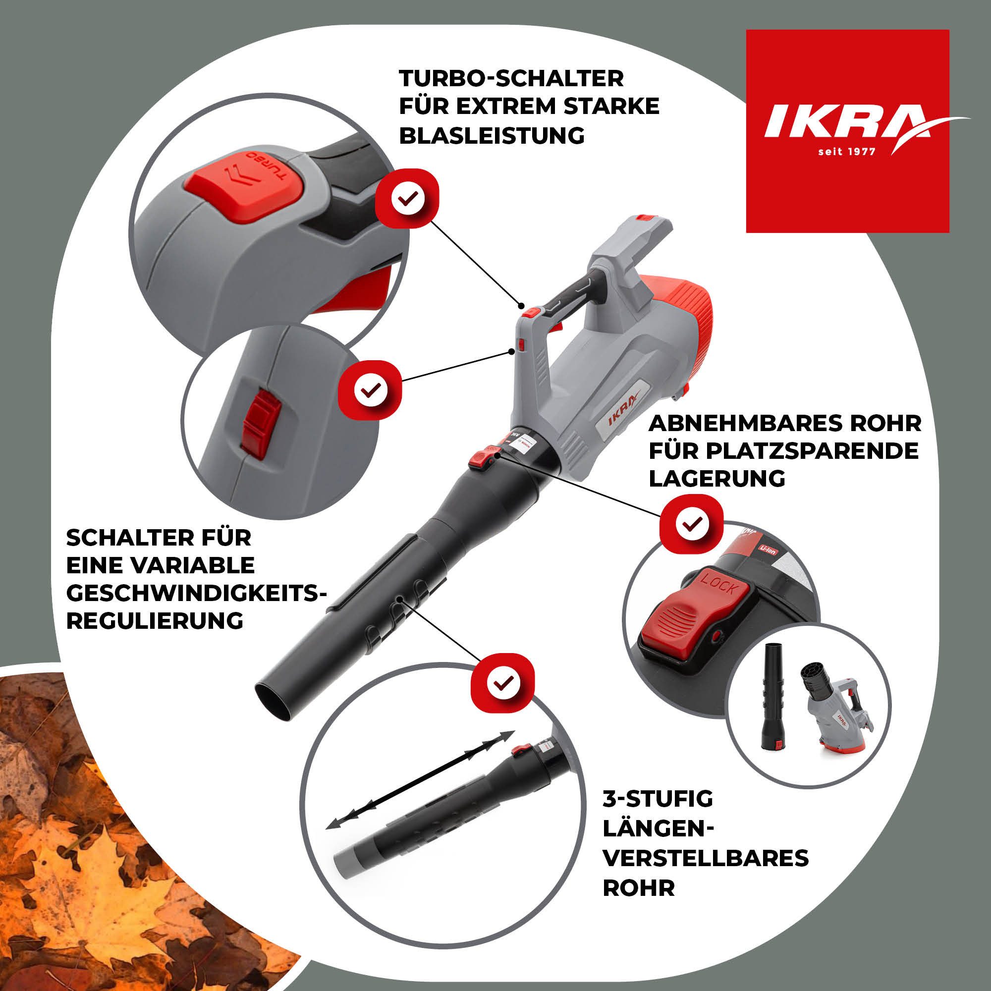 ikra GmbH Akku-Laubbläser IB-LB 36, (Ohne Akku & Ladegerät), Blasleistung von bis zu 215 km/h