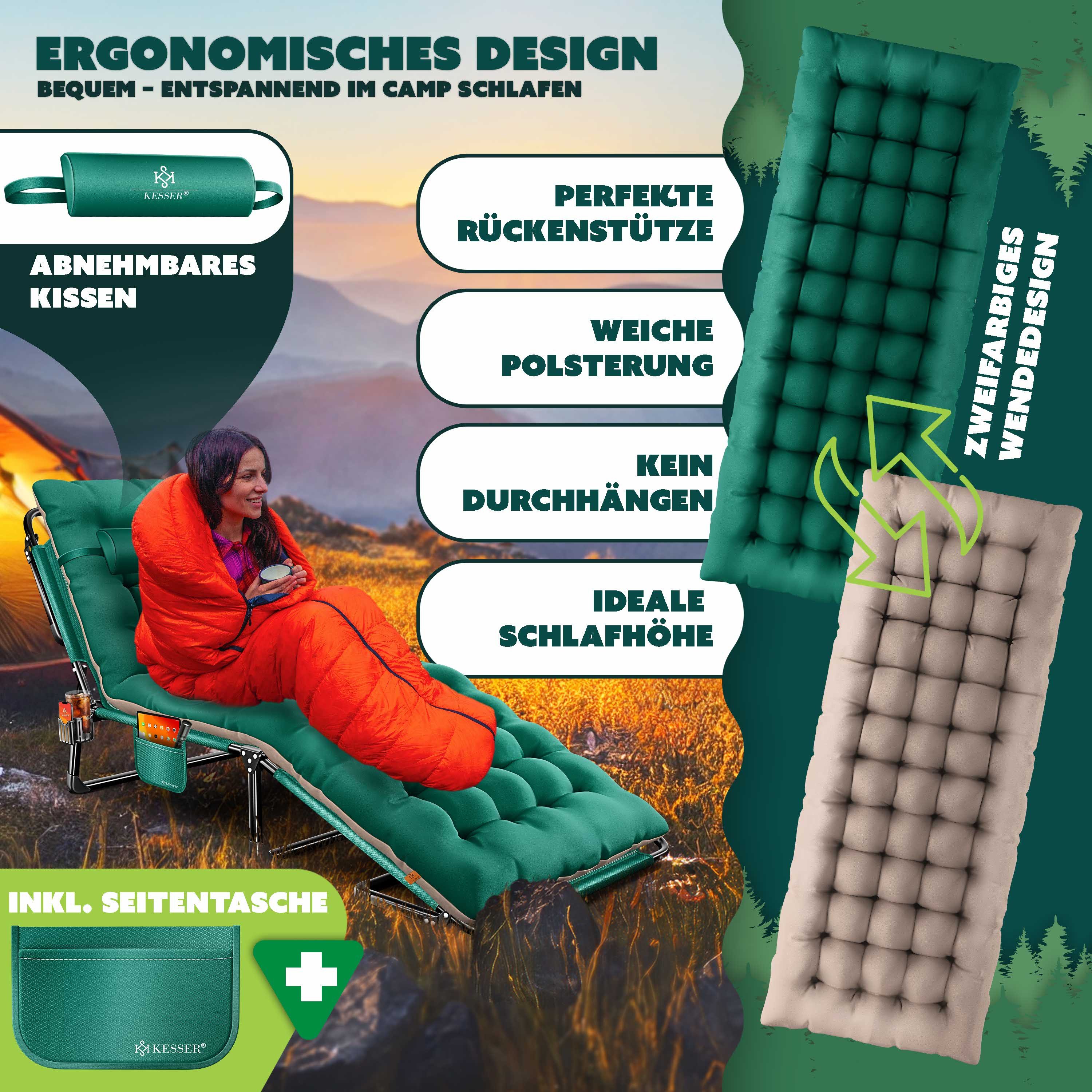 KESSER Campingliege Campingbett Campingliege Angelliege Karpfenliege klappbar (mit Tragetasche, Getränkehalter & Nackenkissen bis 250 kg belastbar) 190 x 68 x 30 cm strapazierfähiges Oxford-Gewebe stabiles Stahlgerüst