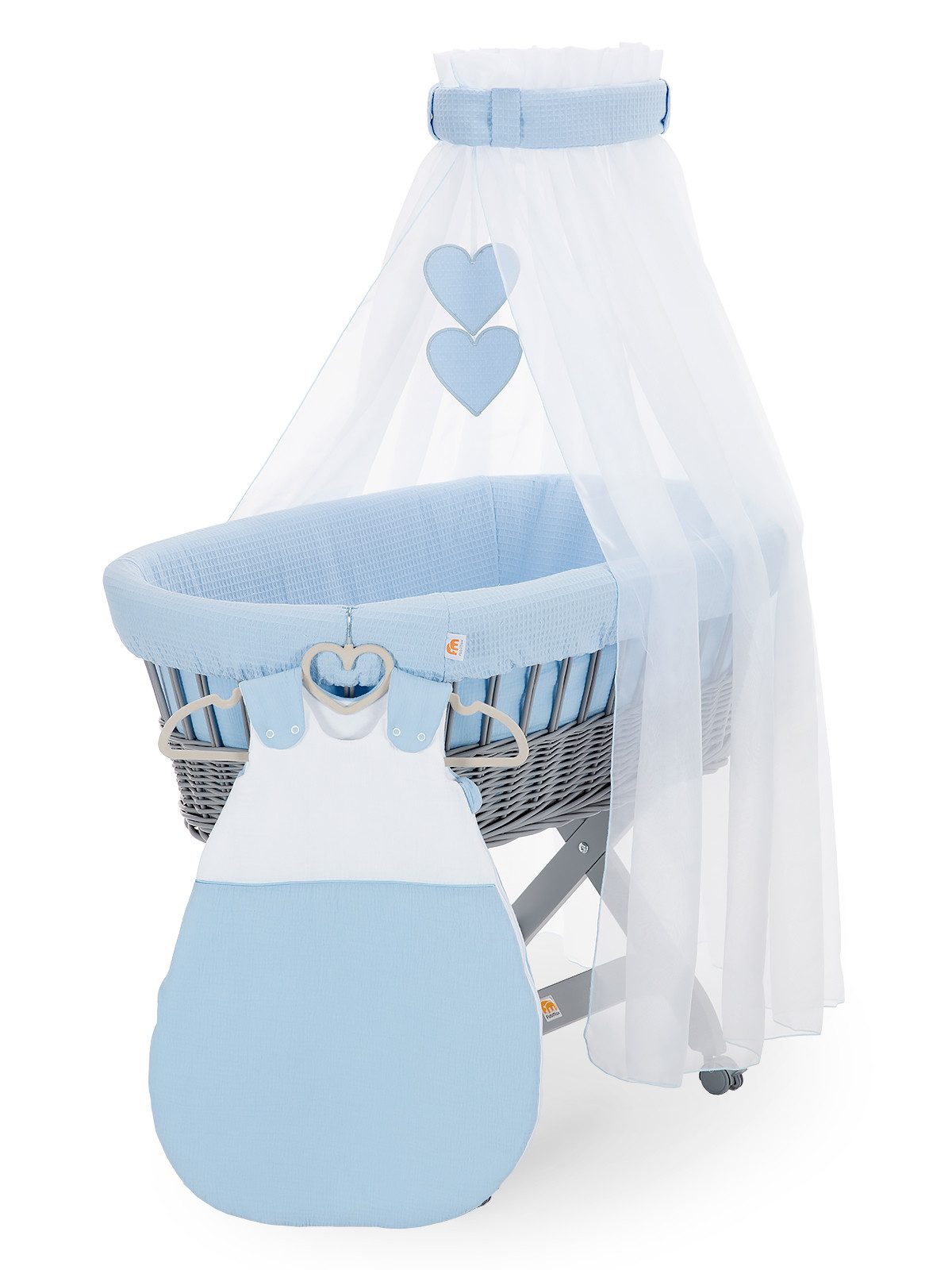 FabiMax Колыбели grau lackiert, Komplettset, Musselin & Waffelpiqué, Inkl. Matratze, Nestchen & Schlafsack