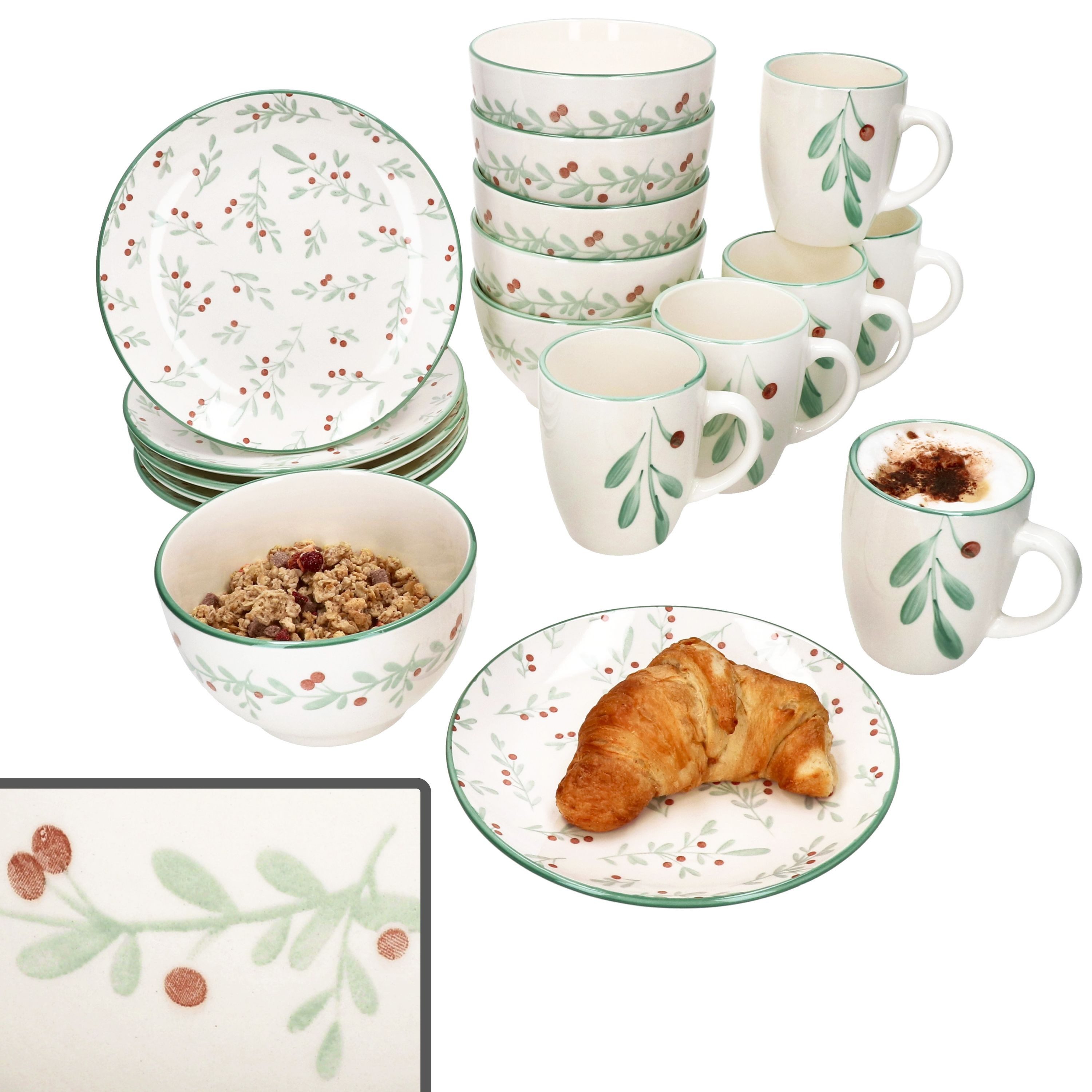 Tafelservice 18tlg Frühstücksset Holly Steingut 6 Personen Teller Schale Becher