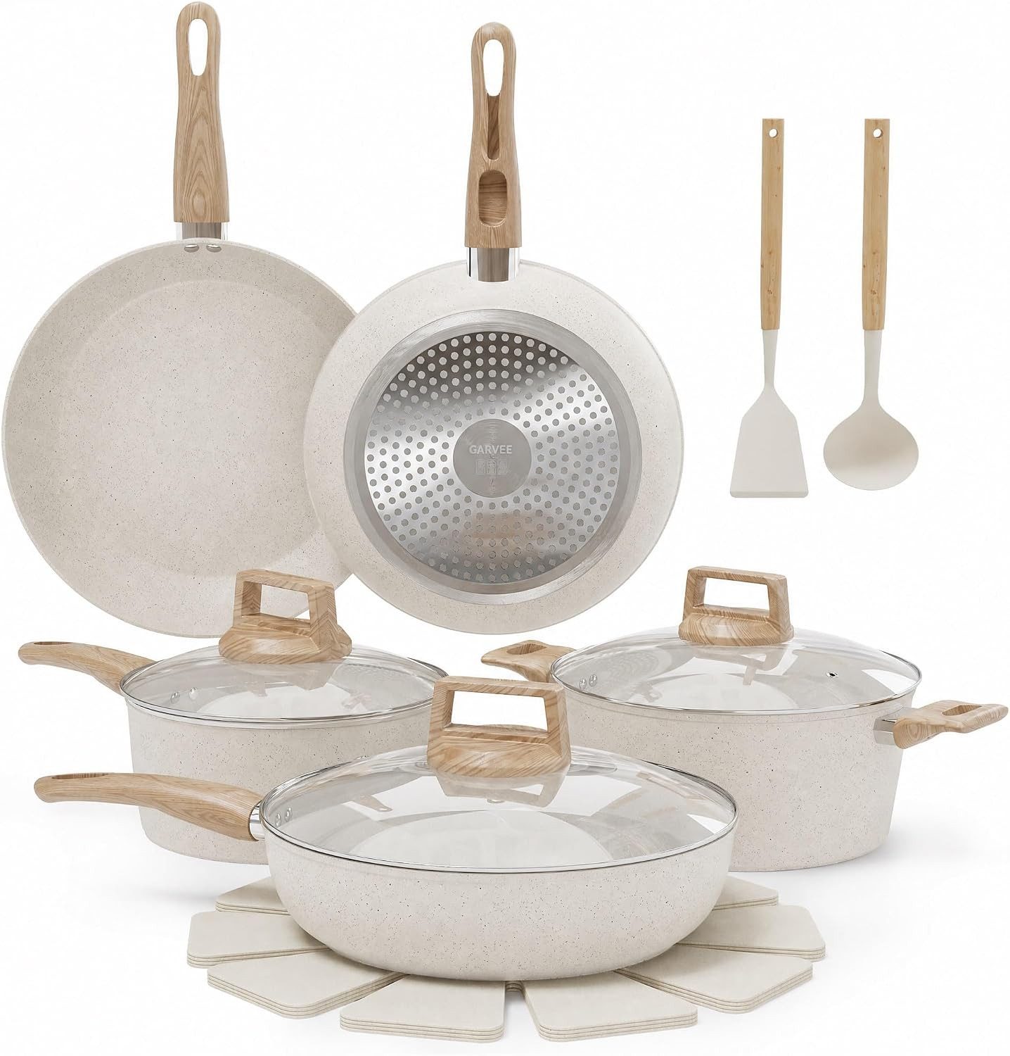 GarveeMore Topf-Set 14-tlg. Töpfe- & Pfannenset, induktionsgeeignet, Aluminium (Set, 14-tlg., Pfannen, Kasserolle, Schmorpfanne, Topf, Deckel, Schoner, Utensilien), Keramik-Antihaft,PFA-frei, induktionstauglich, Handwäsche empfohlen