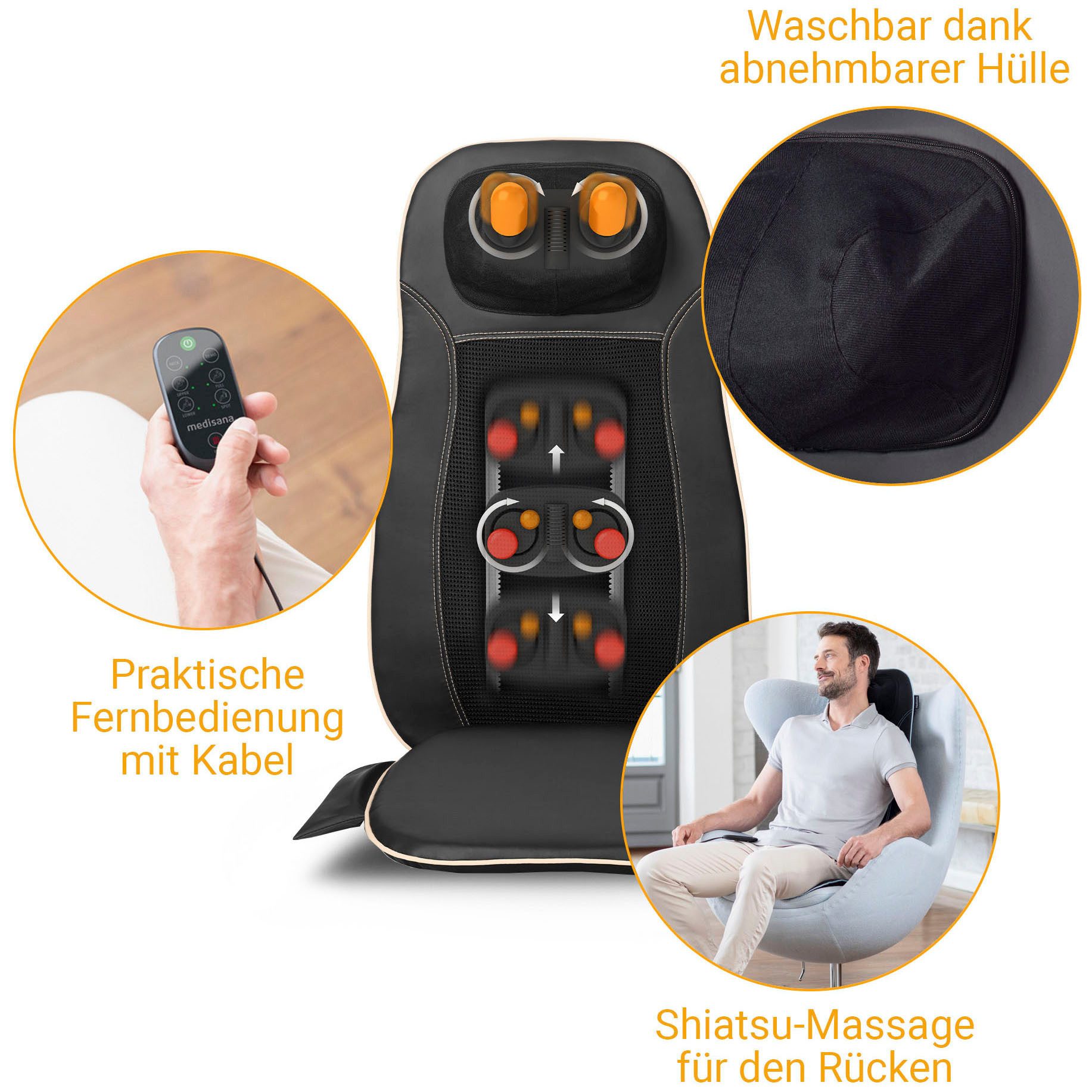 medisana Shiatsu-Massagesitzauflage MCN, 3 Massagezonen, Nackenmassage, Rotlicht-/Wärmefunktion, waschb. Bezug