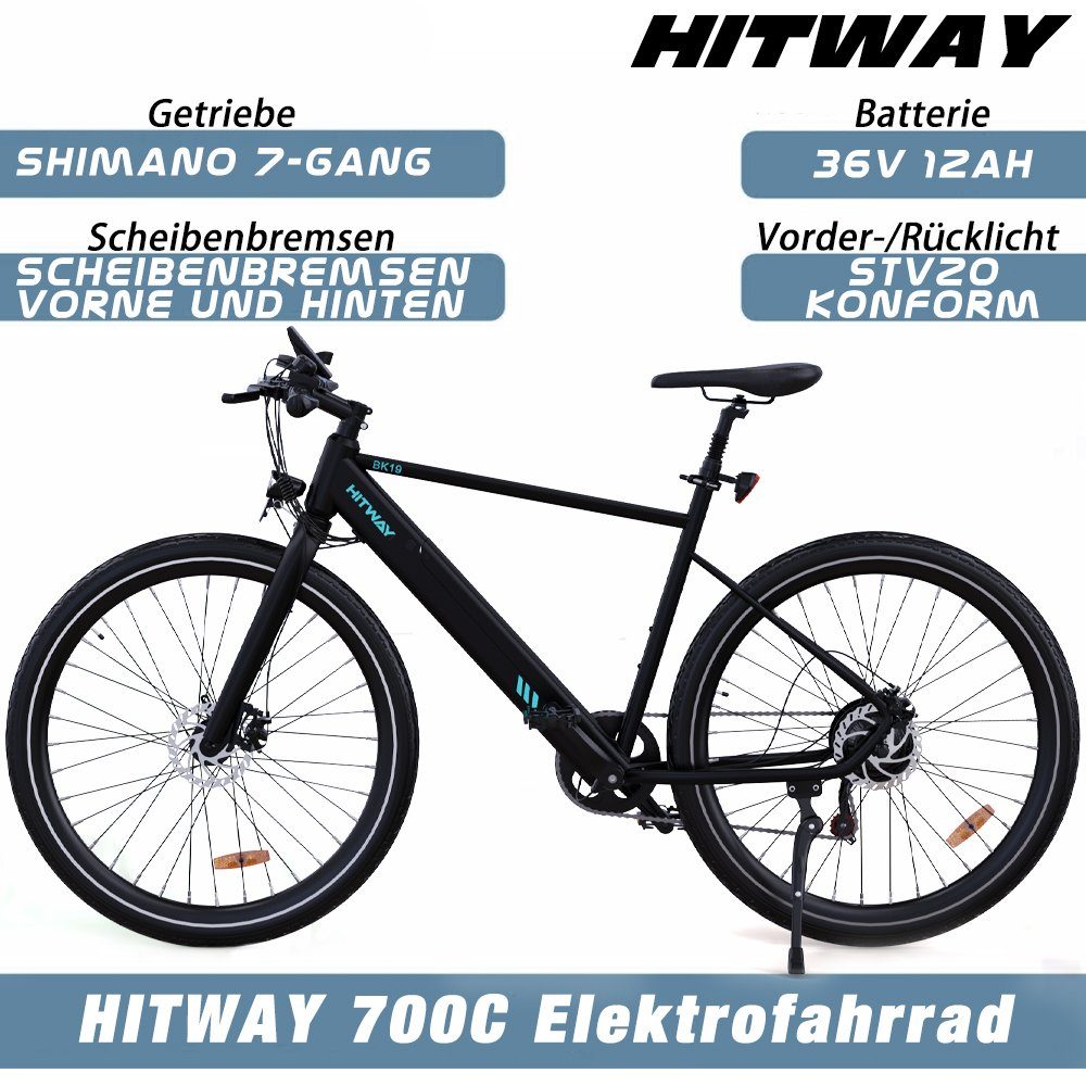 700c, Schwarz 700c 7-Gang-Shimano,250W 36V Elektro-Mountainbike 12AH, HITWAY Elektrofahrrad E-Bike