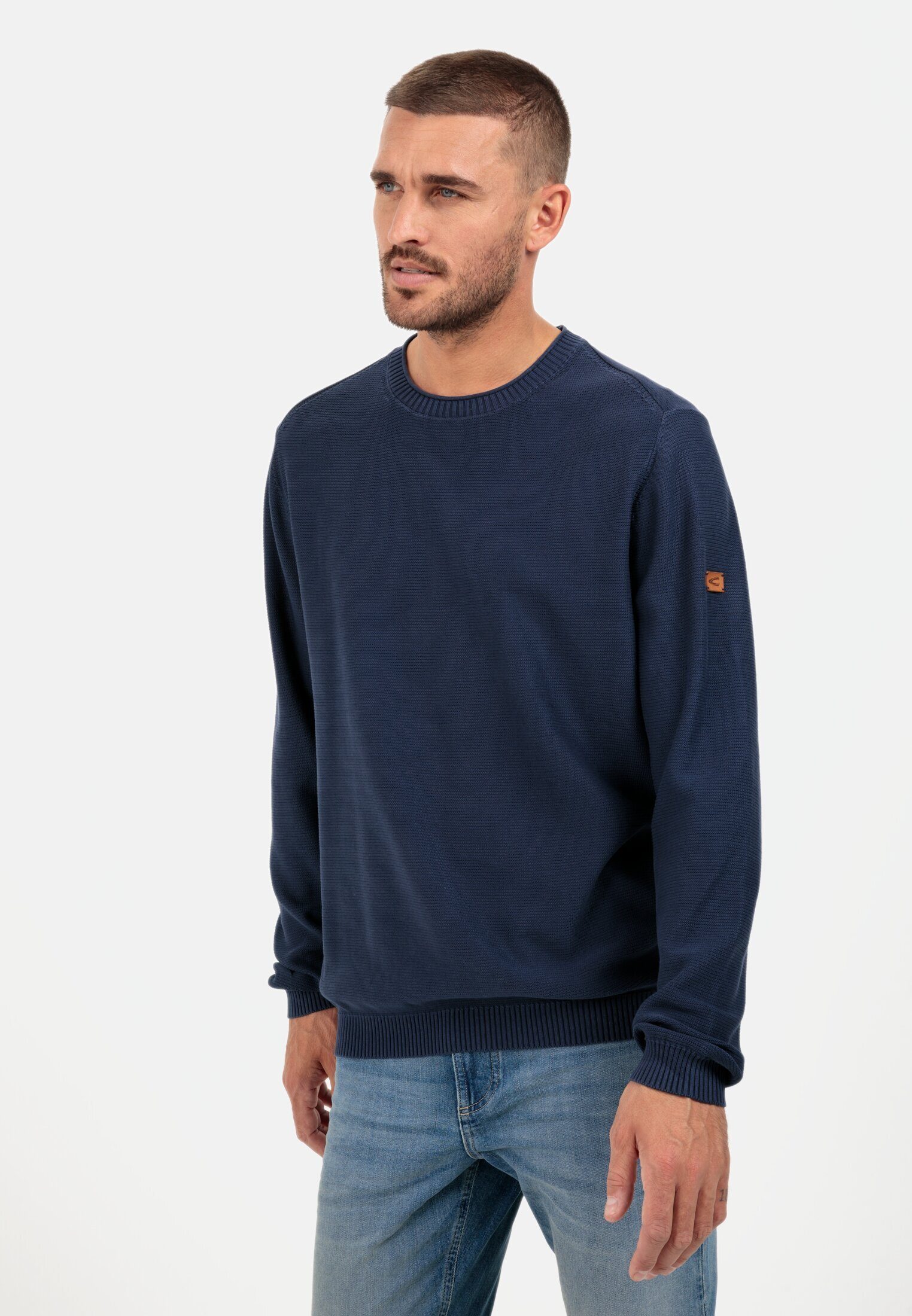 camel Leder-Brandlabel Strickpullover active Dunkelblau aus Organic Cotton