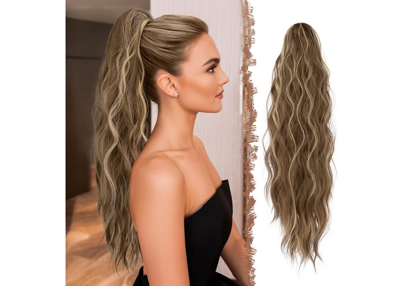 LuxusKollektion Kunsthaar-Extension Pferdeschwanz Haarteil Gewellt 12H29# Hellbraun und Blond-233 63 cm