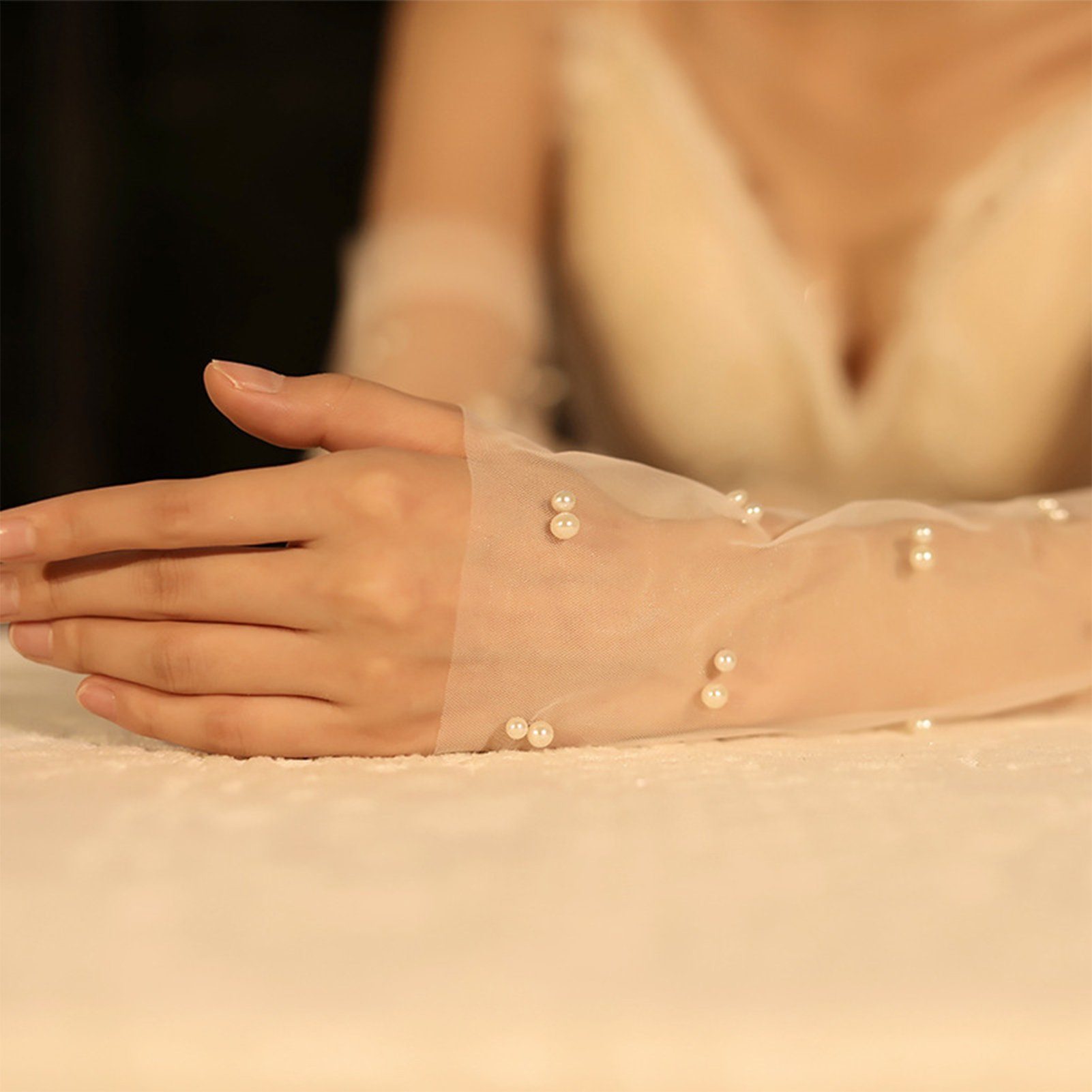 Abendhandschuhe C Aus Braut-Handschuhe pearl Durchsichtigem Tüll,Vintage-Perle,Brauthandschuhe Blusmart Abendhandschuhe
