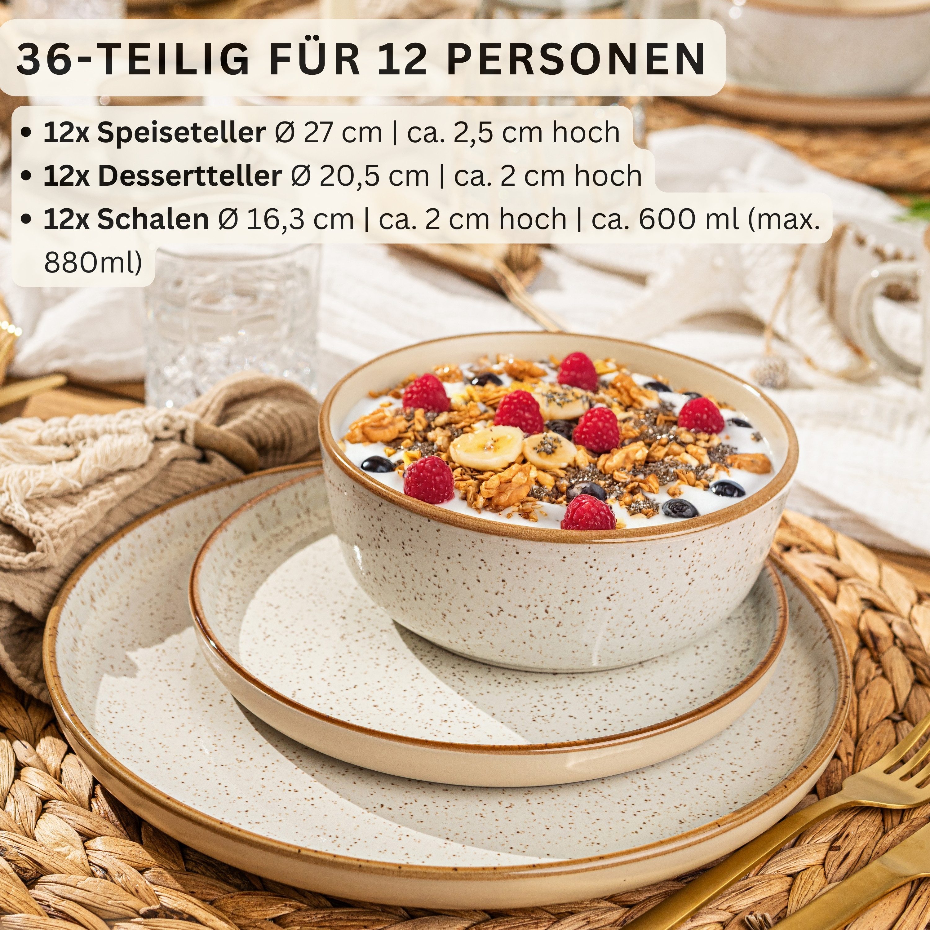SÄNGER Tafelservice Rio Geschirrset (36-tlg), 12 Personen, Steingut, Handmade, Creme Beige, Erweiterbar, VALUE COLLECTION – Bild 2 von 5