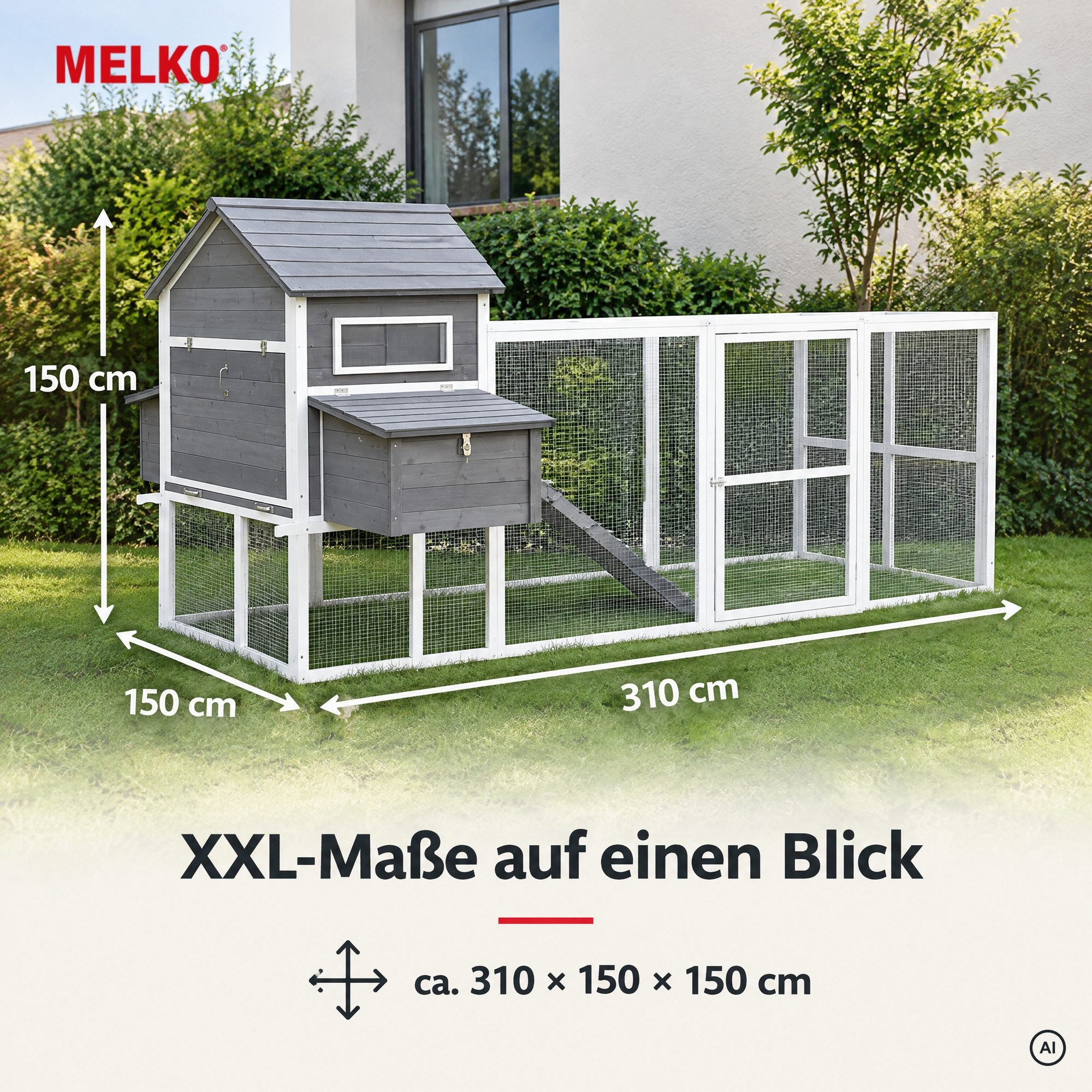 Melko Hühnerstall Geflügelstall Hühnervoliere Hühnerhaus Hühner Freilaufgehege, 2 Nestboxen mit insgesamt 4 Legenestern, XXL Freilaufgehege – Bild 3 von 5