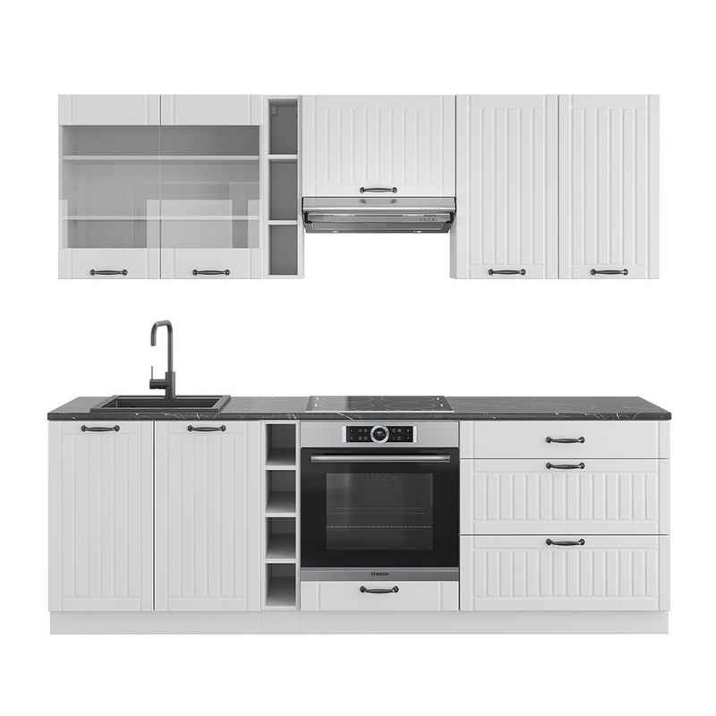 Livinity® Küchenzeile Fame-Line, Weiß Landhaus/Weiß, 235 cm, AP Anthrazit