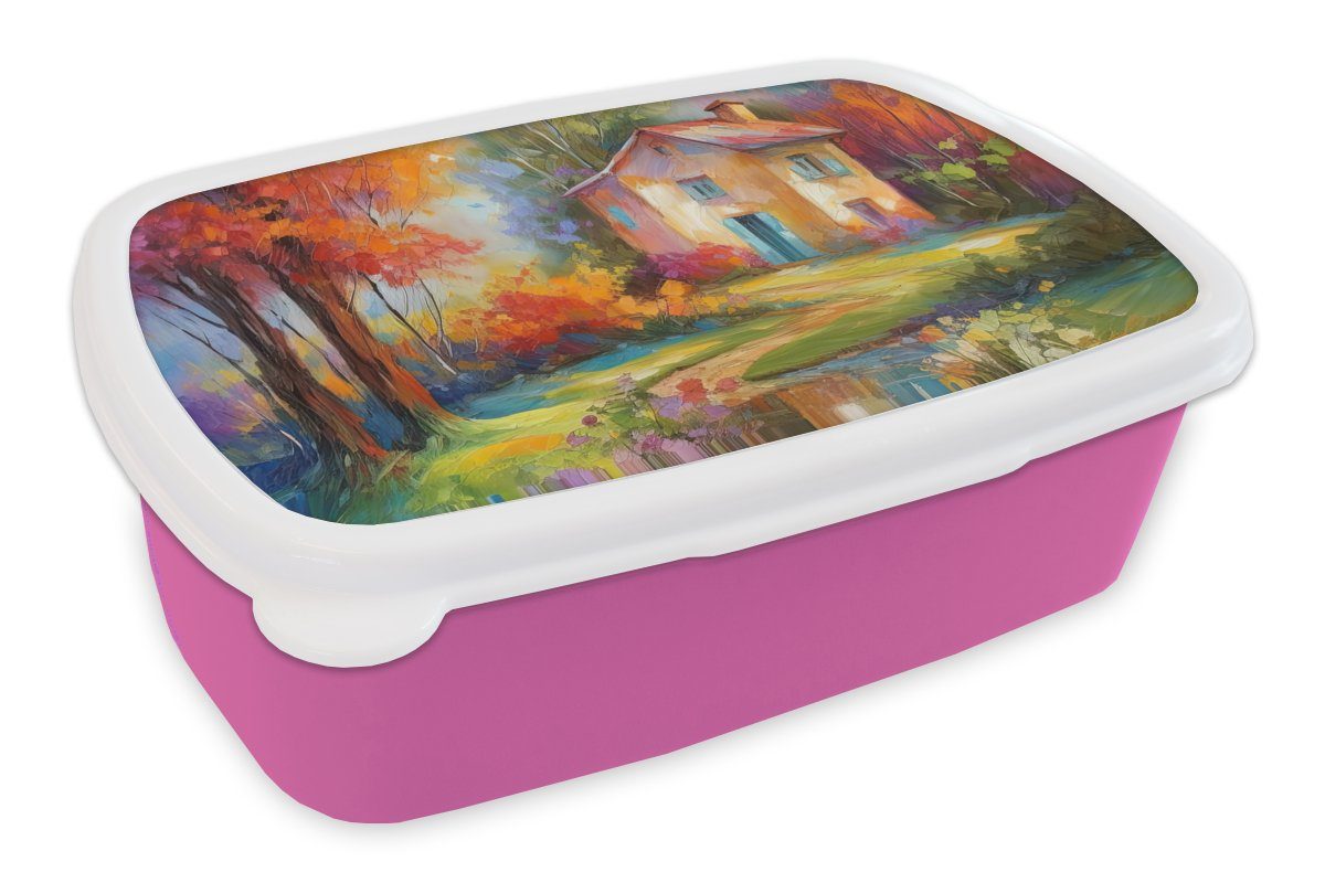 MuchoWow Lunchbox Landschaft - Farbenfroh - Ölgemälde - Kunst, Kunststoff, (2-tlg), Brotbox für Erwachsene, Brotdose Kinder, Snackbox, Mädchen, Kunststoff rosa