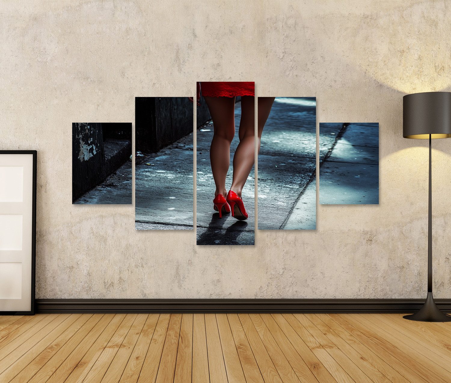 islandburner Leinwandbild Rote High Heels Schuhe auf nassem Pflaster