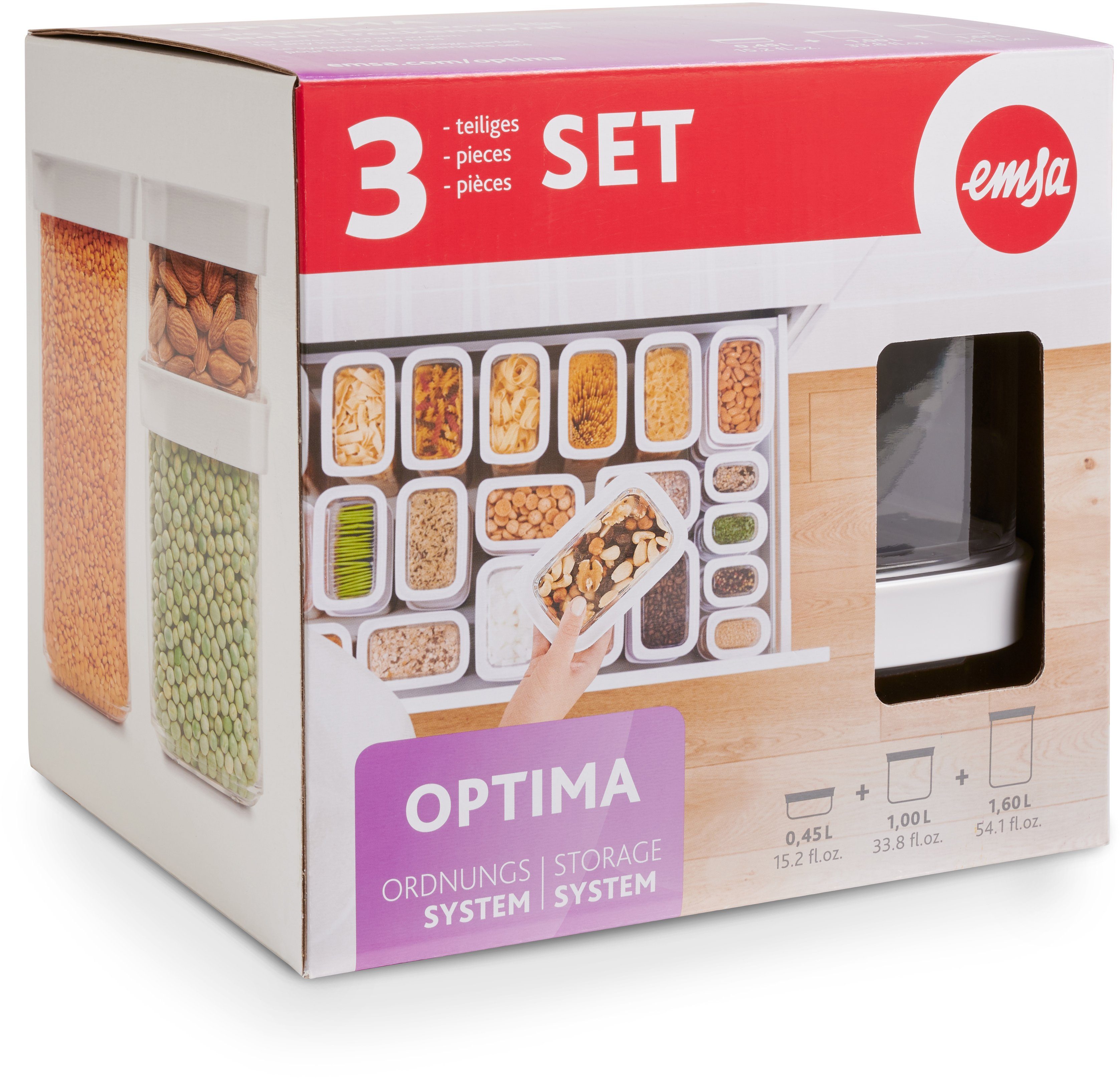 Emsa Vorratsdose N11427 Optima, Kunststoff, (Set, 3-tlg), rechteckig, sicher, hygienisch, unbedenklich, platzeffizient