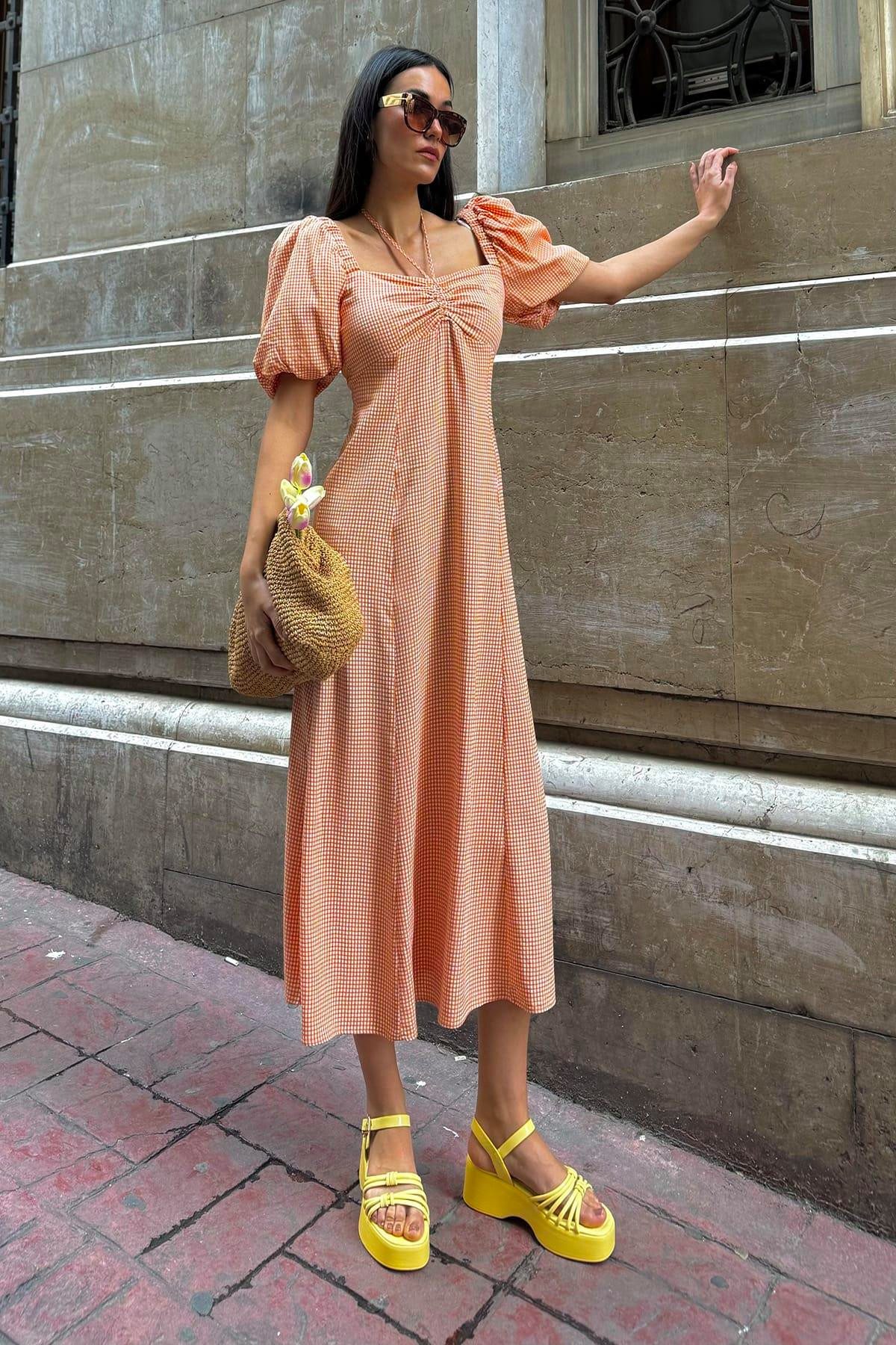 For You Moda Midikleid Natürliches Viskosemuster Langes Oranges Kleid mit Halsband