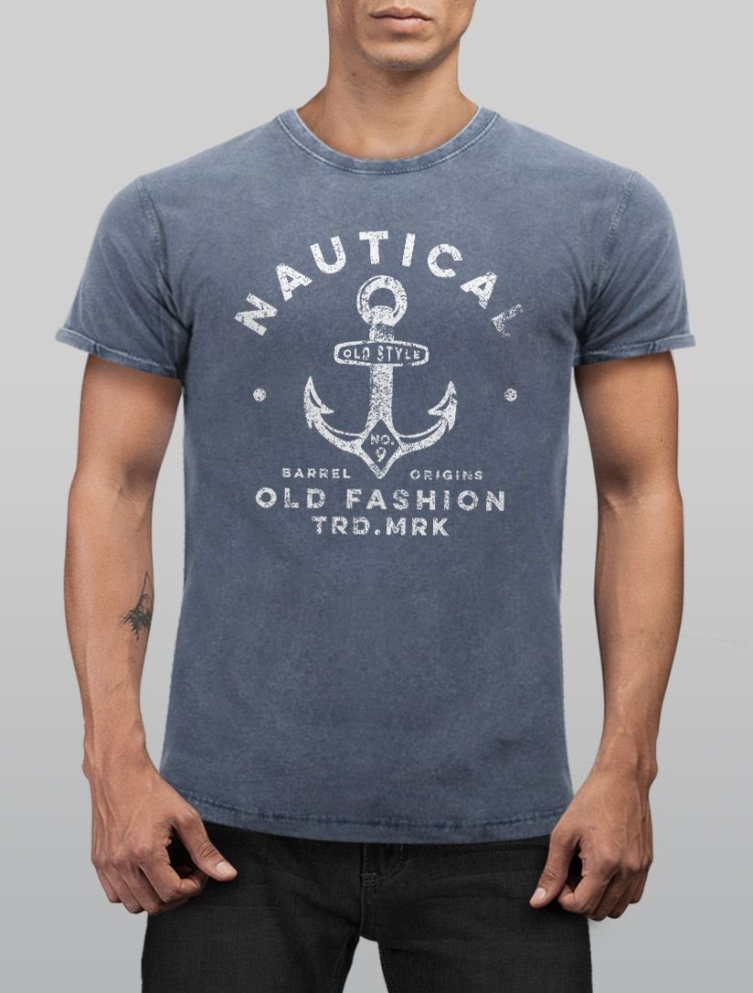 Motiv Nautical Fashion Print Slim Print-Shirt Herren Shirt Fit Look Anker Used mit Old Printshirt Vintage blau Neverless® Neverless