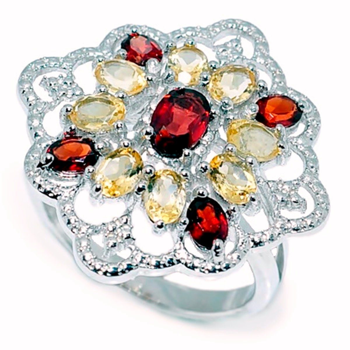 Goldene Hufeisen Silberring Citrin Granat Ring aus 925 Sterlingsilber Damen echte Edelsteine, Rhodiniert