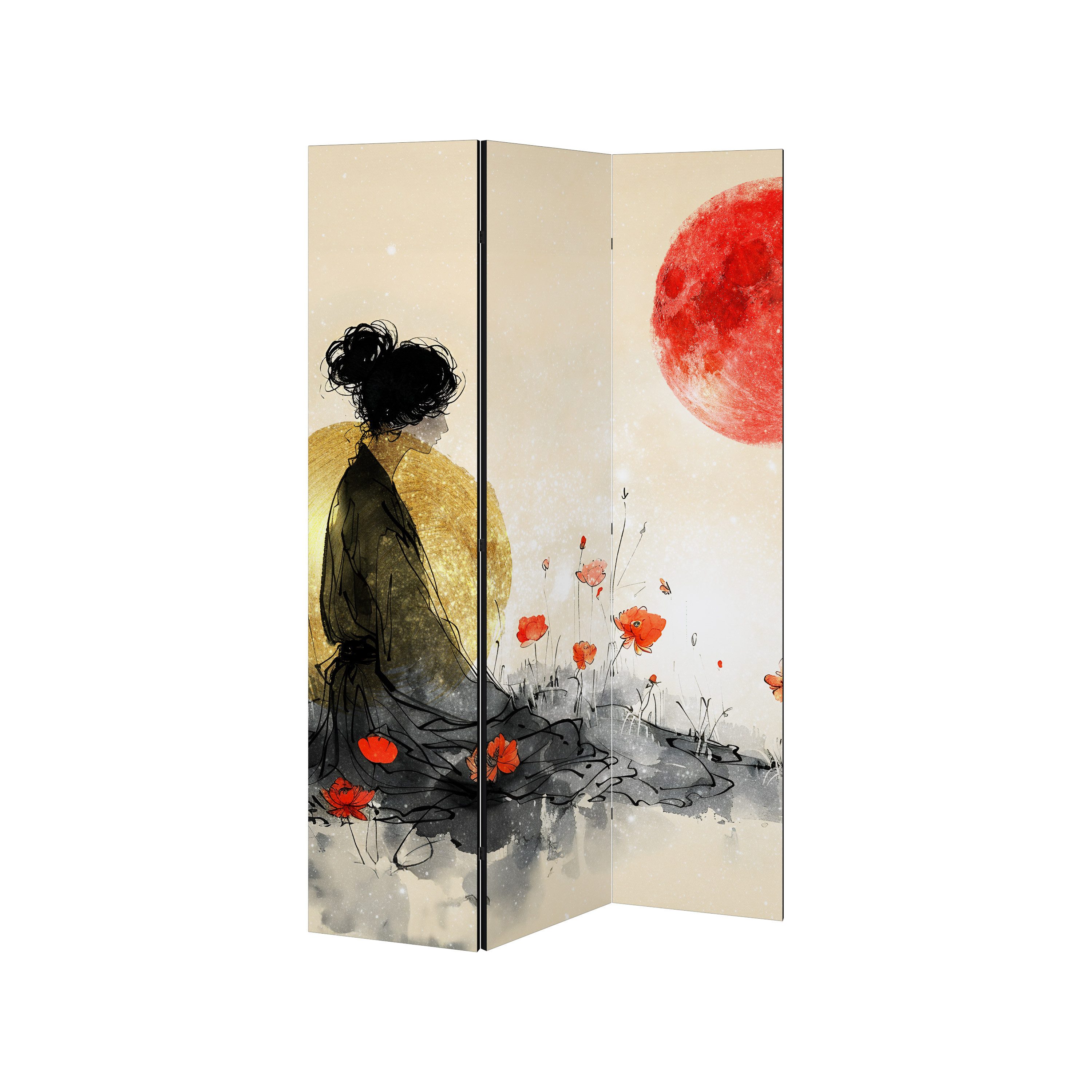 SPACEREBELS Paravent GOLDEN GLOW MEDITATION (1 St), Raumteiler mit 3 Paneelen, einseitig bedruckt, 114 x 168 cm