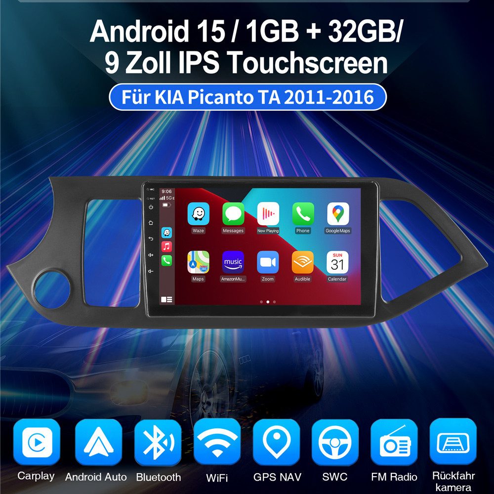 ESSGOO Für KIA PICANTO TA 2011-2016 Android 15 Autoradio Autoradio (RDS, Digitalradio (DAB), FM, AM, Apple Carplay Android Auto GPS Navi WIFI BT SWC)