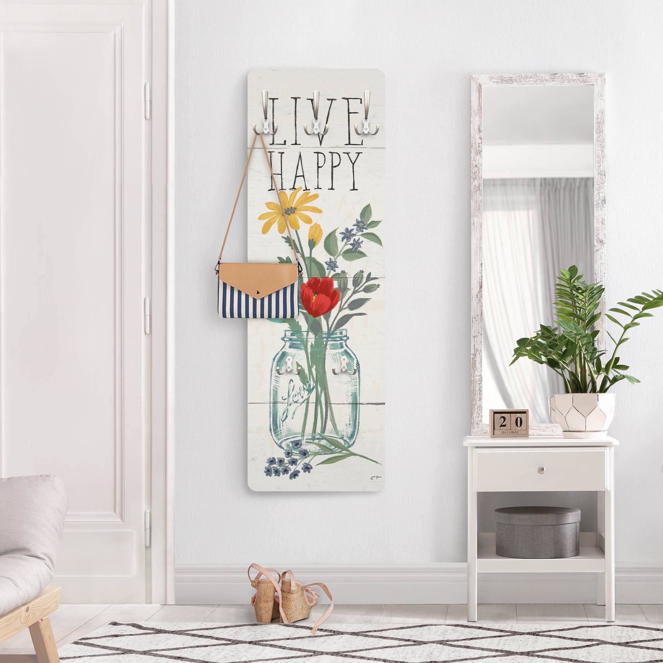 Bilderdepot24 Garderobenpaneel bunt Blumen Floral Live Happy - Blumenvase auf Holz Design (ausgefallenes Flur Wandpaneel mit Garderobenhaken Kleiderhaken hängend), moderne Wandgarderobe - Flurgarderobe im schmalen Hakenpaneel Design