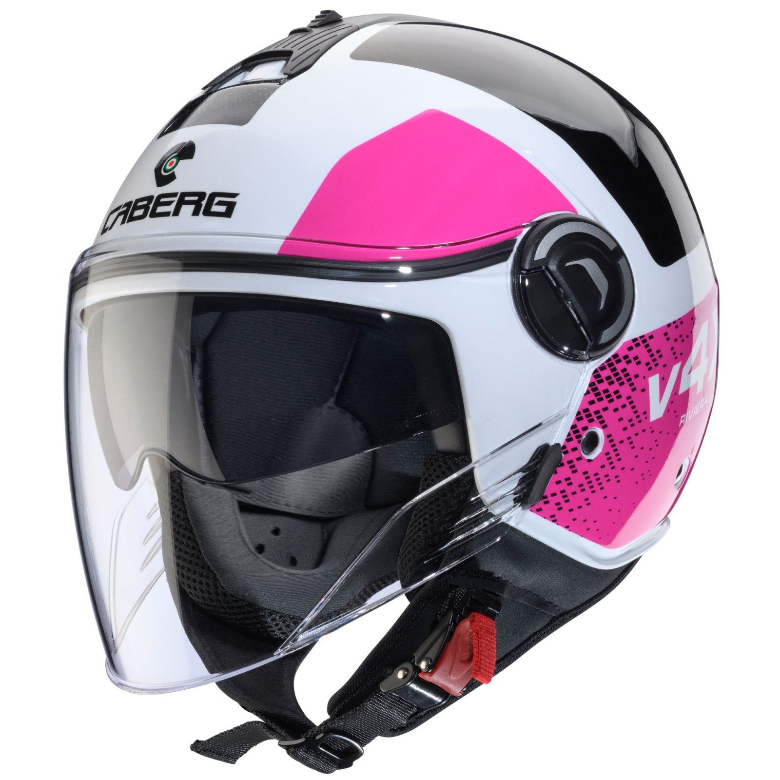Caberg Motorradhelm Caberg Riviera V4 X Jethelm Alpha Weiss / Schwarz-Fuchsia (1er Set)