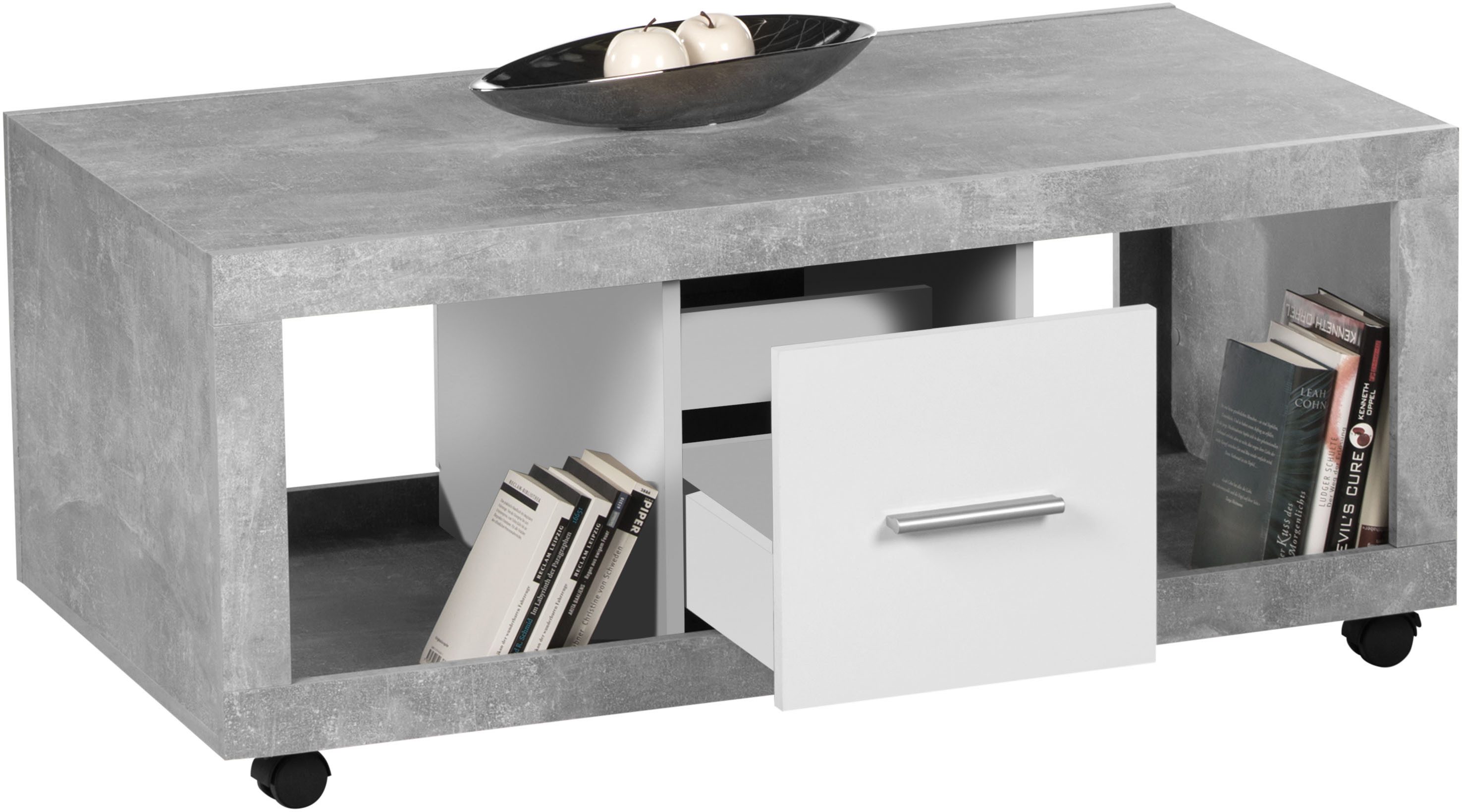 Stolkom Sp.z.o.o. Couchtisch Stone rollbar mit Schubkästen, Beton weiß, BxHxT 115x50x60 cm, Rollbar, 2 Schubkästen, 2 offene Fächer, Beton Dekor-Weiß