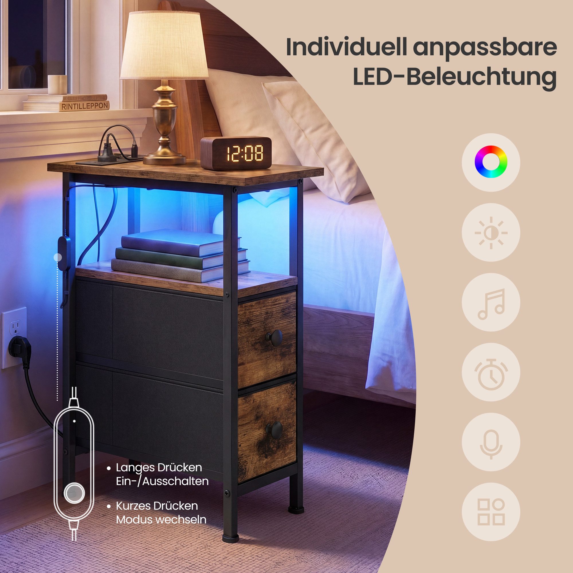SONGMICS Beistelltisch Nachttisch Beistelltisch mit Steckdose und USB, 2 Stoffschubladen, 21,6 x 46 x 60,4 cm, für Schlafzimmer, mit LED-Beleuchtung – Bild 5 von 5