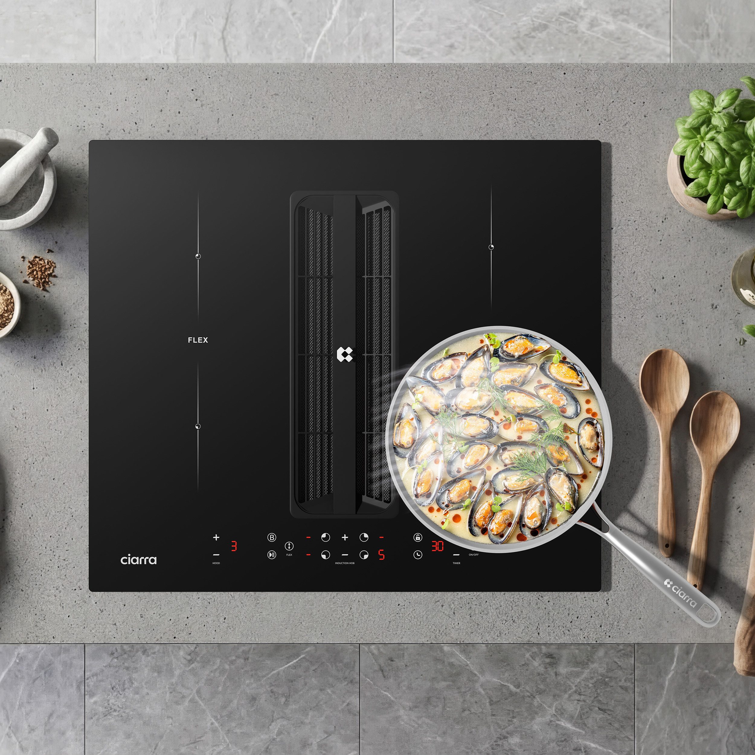 CIARRA Kochfeld mit Dunstabzug 60 cm Kochfeldabzug mit integriertem Plasma⁺-System 7165W CIARRA ONE CBBEH594BBF, 4 Zonen Induktionskochfeld mit Dunstabzug 60cm mit Flex Zone 2-Boost