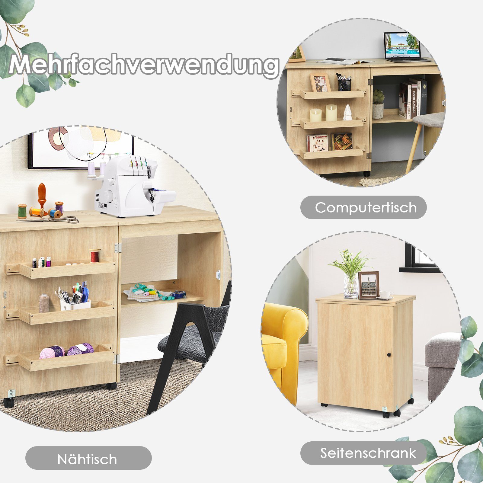 COSTWAY Regal-Schreibtisch, Nähschrank klappbar & rollbar, günstig online kaufen