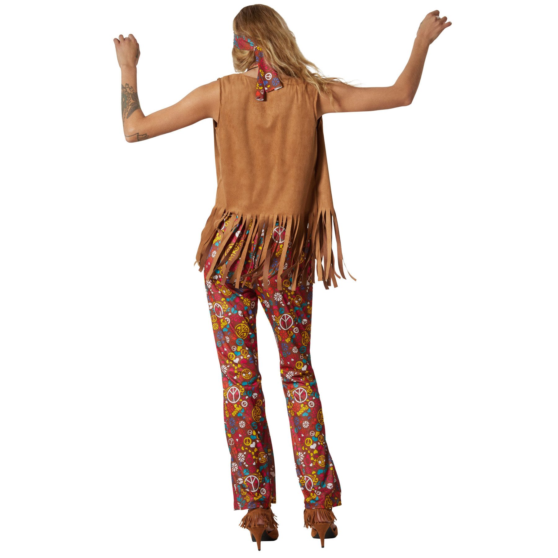 dressforfun Hippie-Kostüm Damenkostüm, Braune Weste und Hose mit passenden Accessoires.