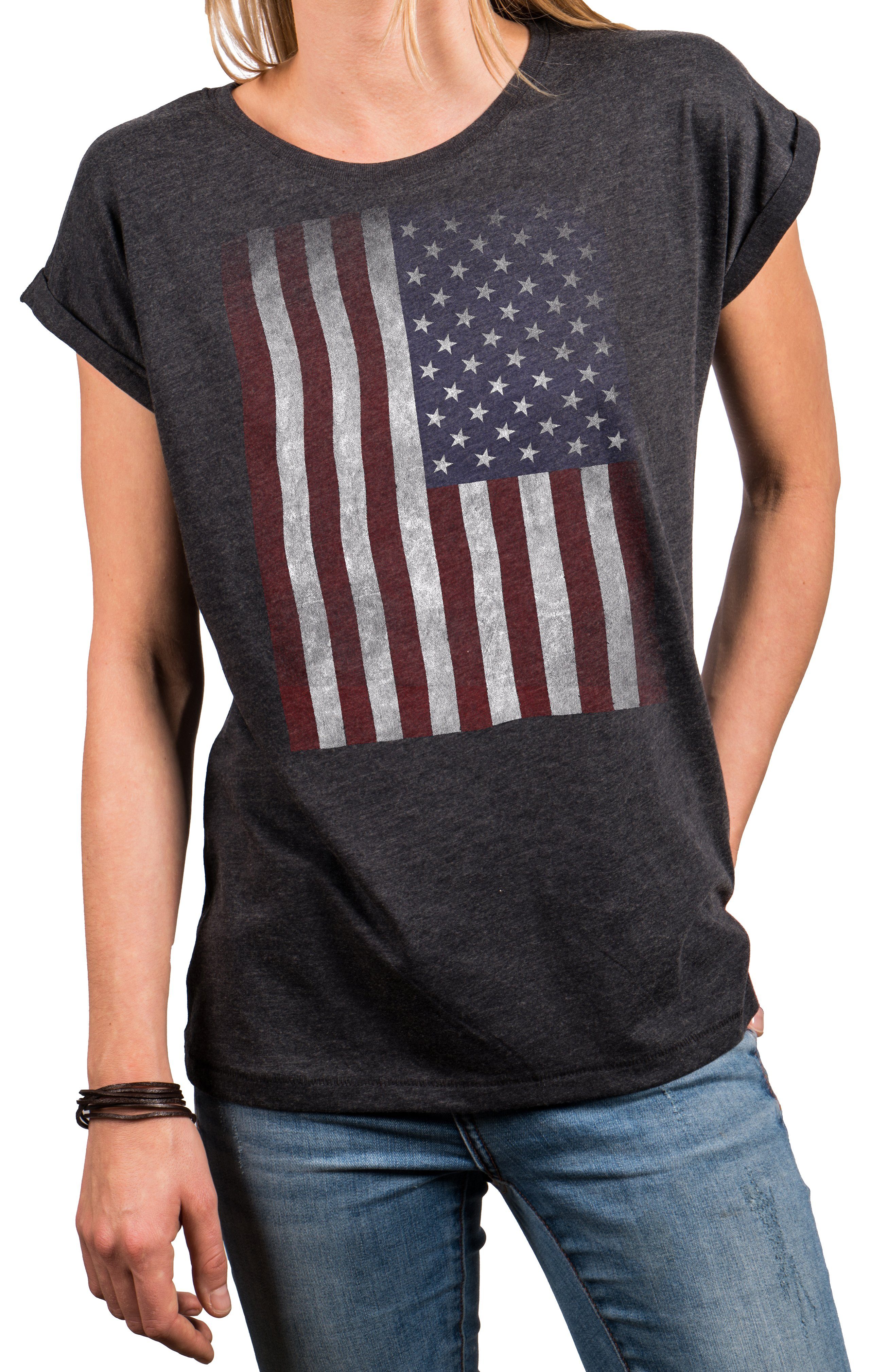 grau, Sommer Top Print-Shirt Baumwolle, schwarz, Oberteile Fahne Vintage USA (Kurzarm, Größen große Damen Flagge MAKAYA blau) Amerika Tunika