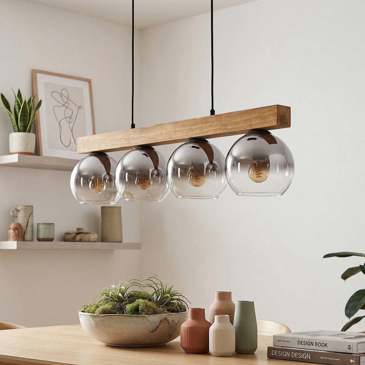 hofstein Hängeleuchte Hängelampe aus Metall/Holz/Glas in Schwarz/Natur/Chrom/Rauch/Klar, ohne Leuchtmittel, moderne Pendelleuchte im Boho/Vintage-Design mit Holzbalken, 4 x E14