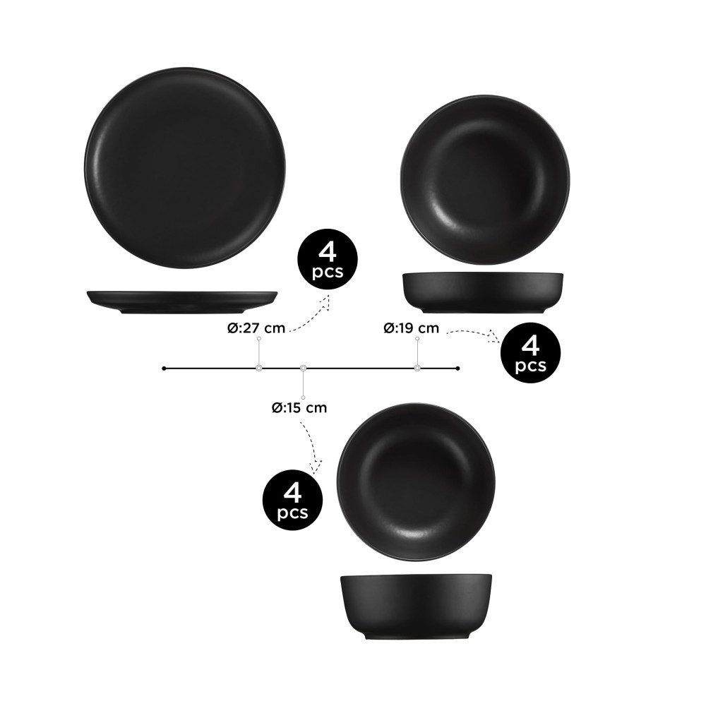 Kütahya Porselen Tafelservice Crouton 12 tlg Geschirrset schwarz matt Porzellan 4 Personen (12-tlg), Mattes schwarzes Design, modernes Erscheinungsbild, 4-Personen Set