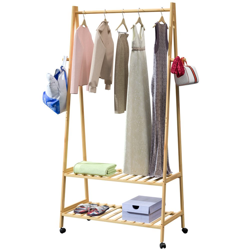 Casaria Kleiderständer, mit Rollen 2 Ablagen 4 Haken aus Bambus Holz 155x70cm Groß Stabil