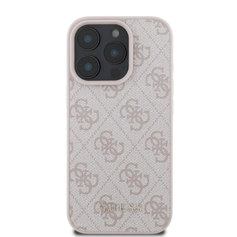 Guess Handyhülle iPhone 16 Pro Max Kunstleder rosa Muster Logo goldfarbig