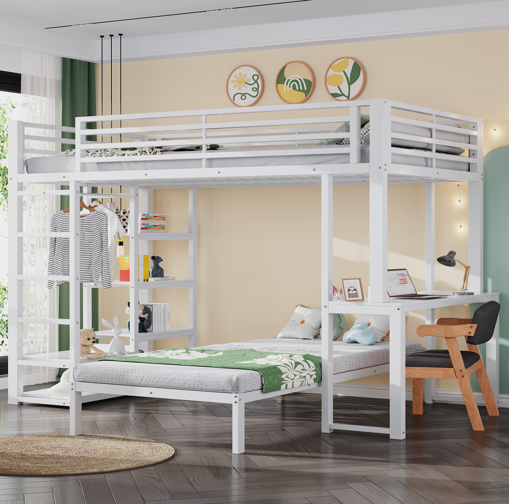 MODFU Hochbett Metall Hochbett Weiß 90x200 cm – Etagenbett mit 2 Liegeflächen (ohne Matratze, 1-St., Eisenrahmen, Arbeitsplatz mit Schreibtisch, Doppelsteckdose USB/Type-C) Ablageflächen, Regalsystem, Kleideraufbewahrung, ohne Matratze