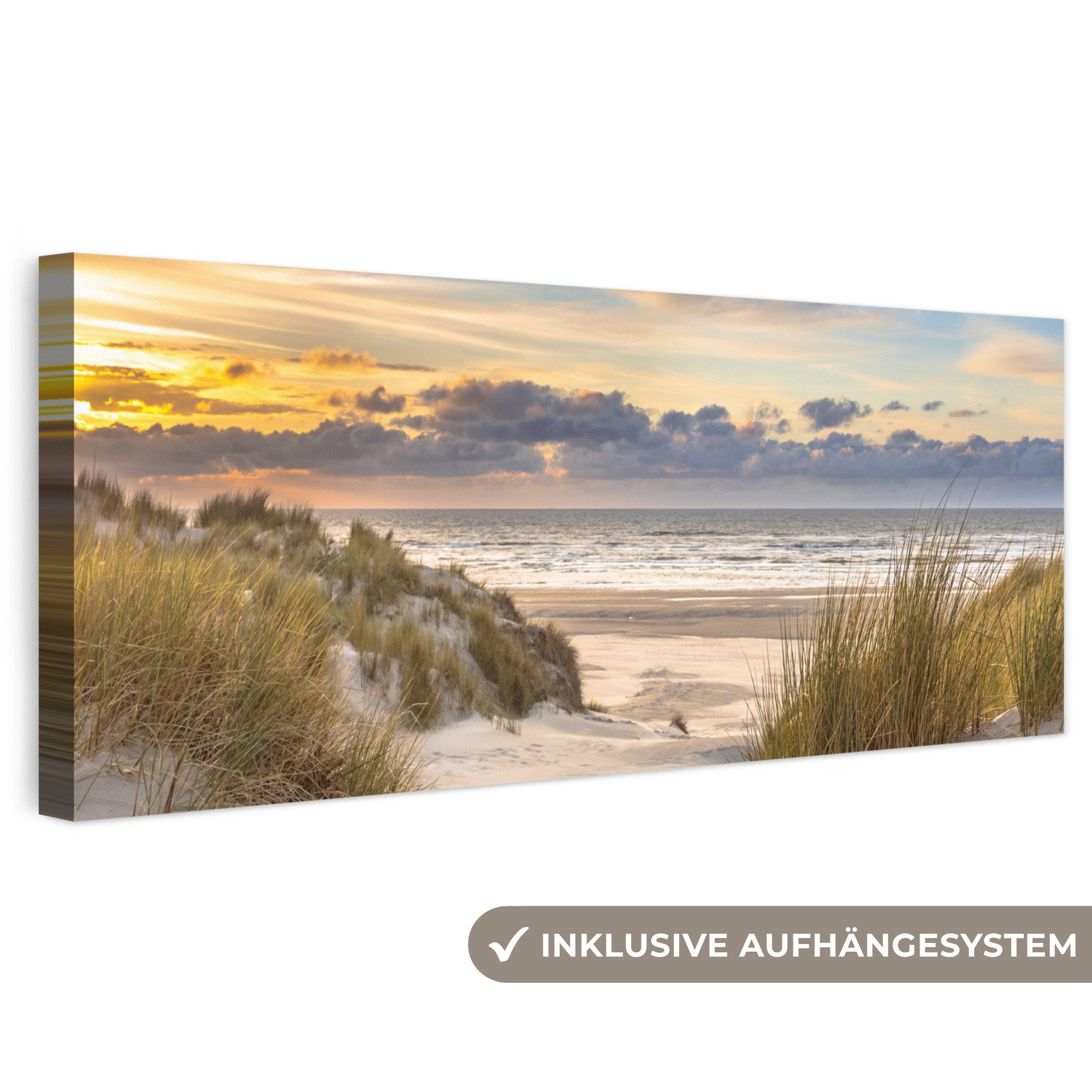 OneMillionCanvasses® Leinwandbild Panorama Strand - Düne - Gras - Sonnenuntergang - Meer, Fotodruck (1 St), Wandbild, Deko Schlafzimmer Wohnzimmer Flur 60x20 cm