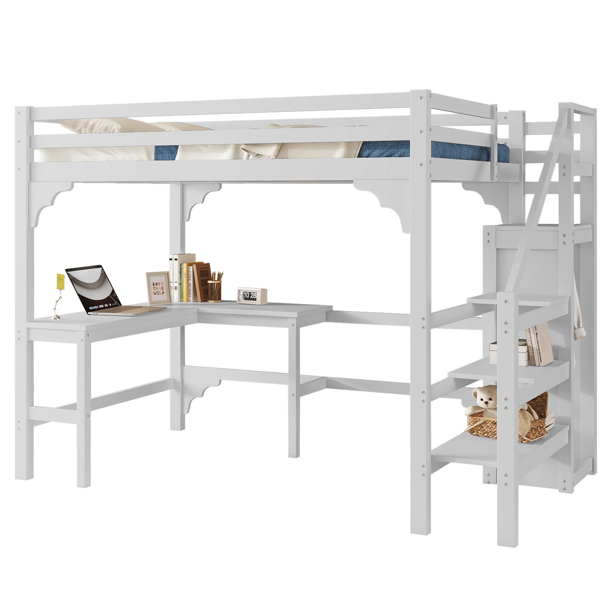 Rutaqian Hochbett Hochbett,140x200cm, stilvoller L-förmiger Schreibtisch, Kiefernholz (1-St) Offener Kleiderschrank, minimalistischer Stil, Weiß