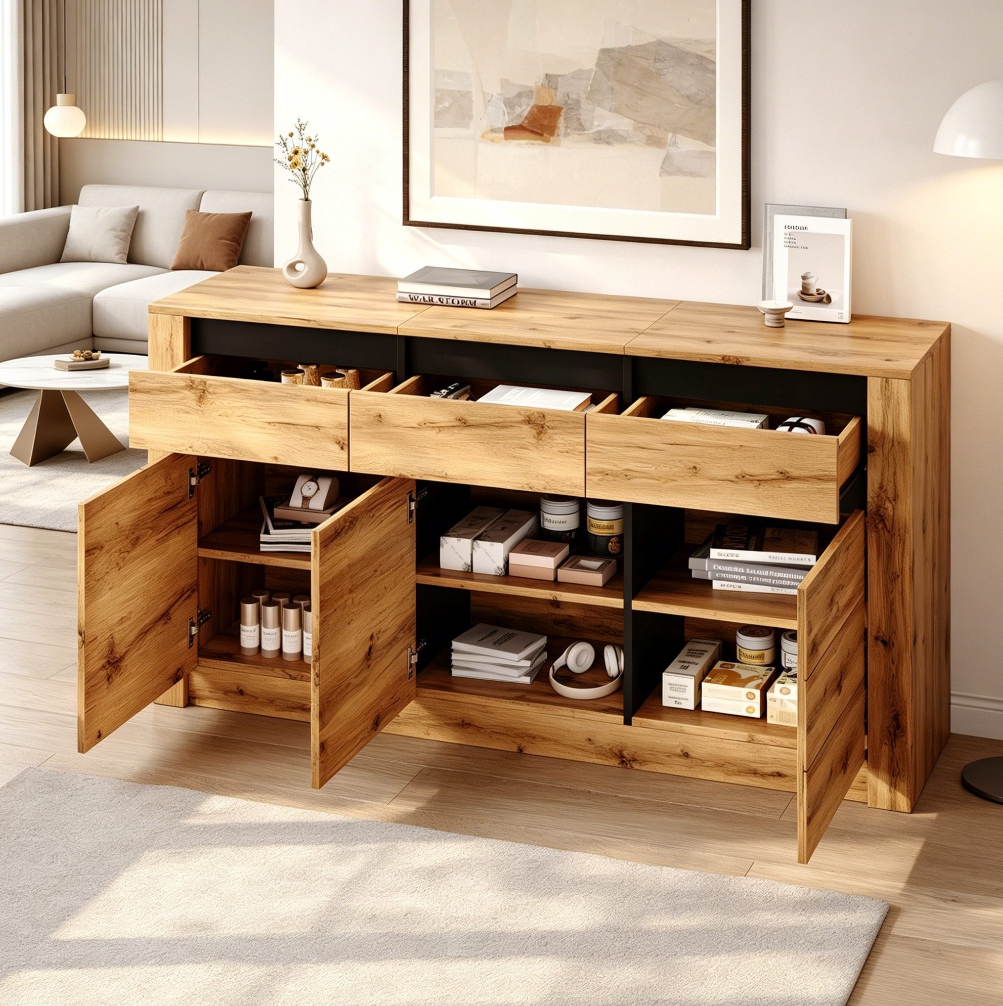 MODFU Sideboard Kompakter Aufbewahrungsschrank für jeden Wohnbereich (Packung, 1 St., Naturholz, Spanplatte, vielseitig einsetzbar), 135×35×70 cm, 3 Schubladen, 9 Fächer