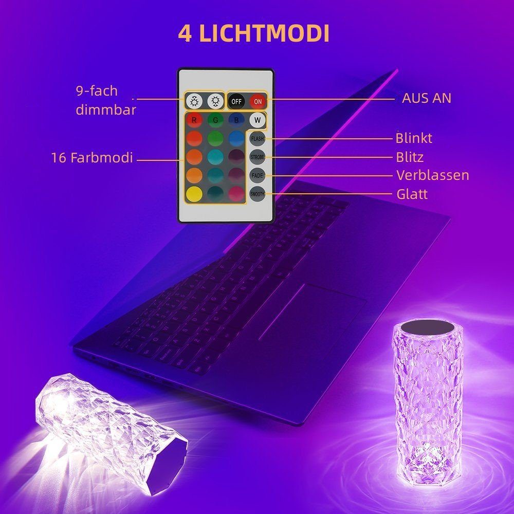 und LED Dimmbar, Touch Diamant, Kristall Farbwechsel Nachttischlampe Tischleuchte fest RGB Moderne Kreativität Acryl Mit LED Ausolee, aus Fernbedienung, Bunt, integriert, LED LETGOSPT Tischlampe