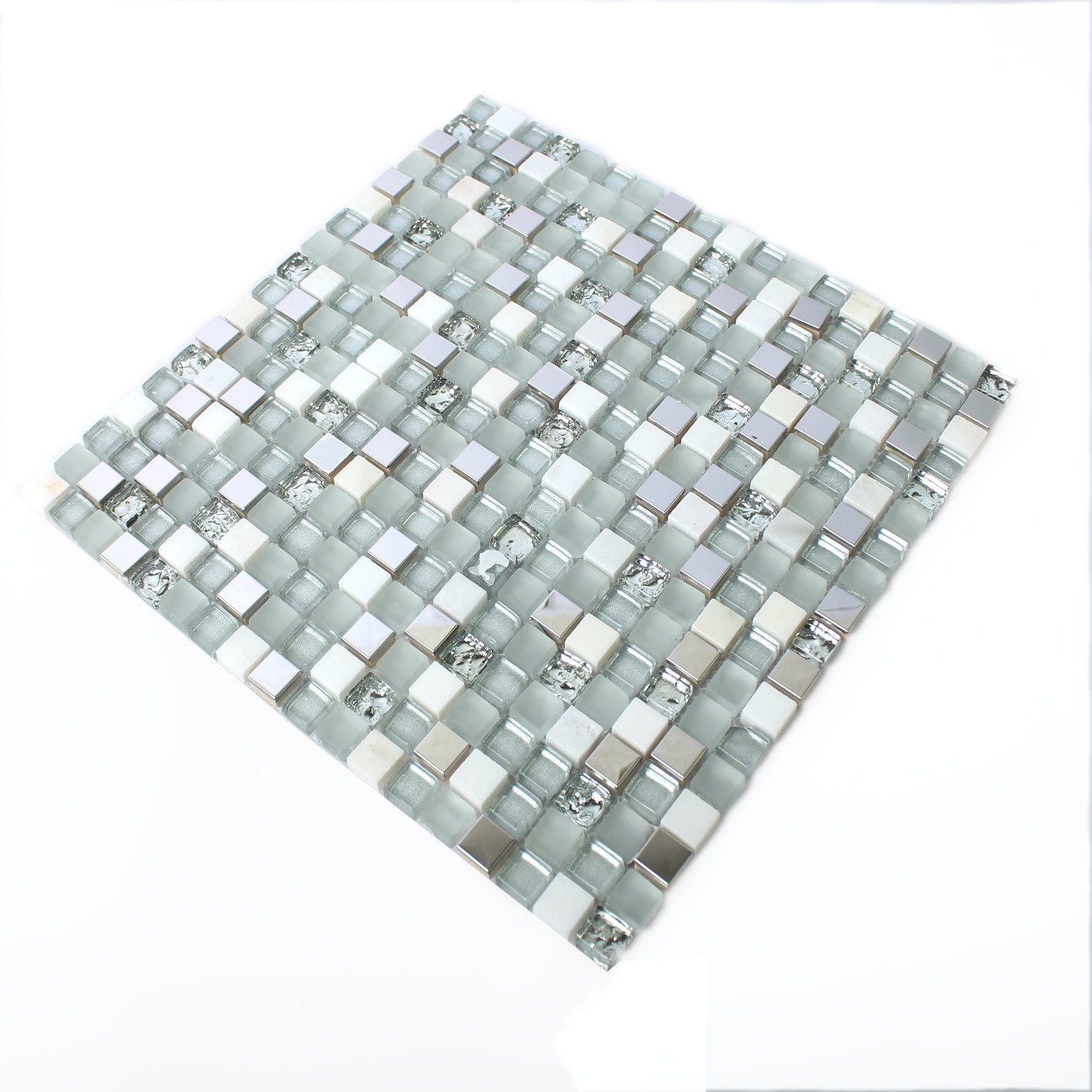 Mosafil Mosaikfliesen Glas Edelstahl Naturstein Mosaik Fliesen Weiss Silber, Naturstein-Glas-Material Mix-Metall-Marmor-Edelstahl 30.000x30.000, weiß-silber