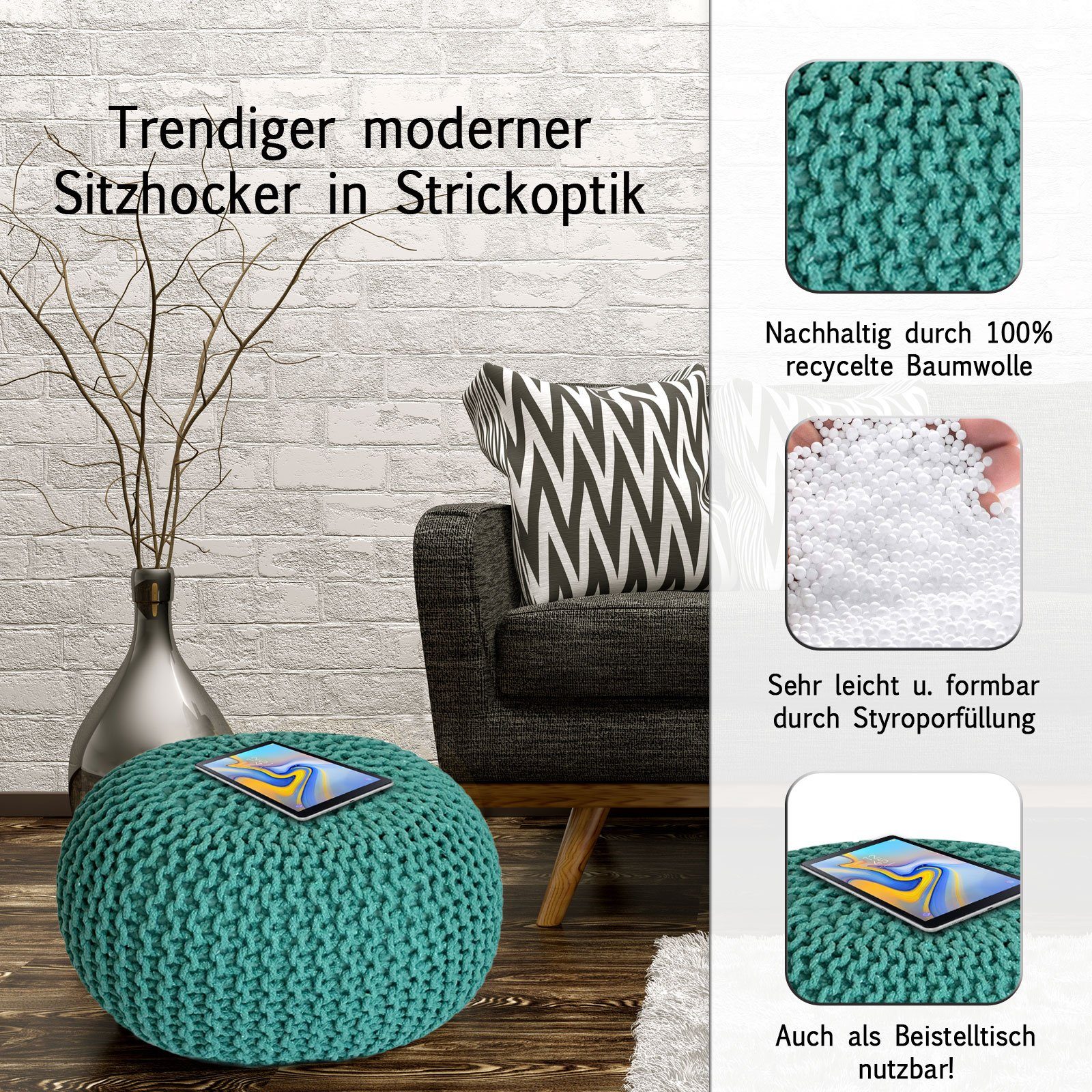 Sitzpouf cm Pouf 45 55 Strickhocker Bodenkissen Ø o. Casamia Pouf nachhaltig türkis