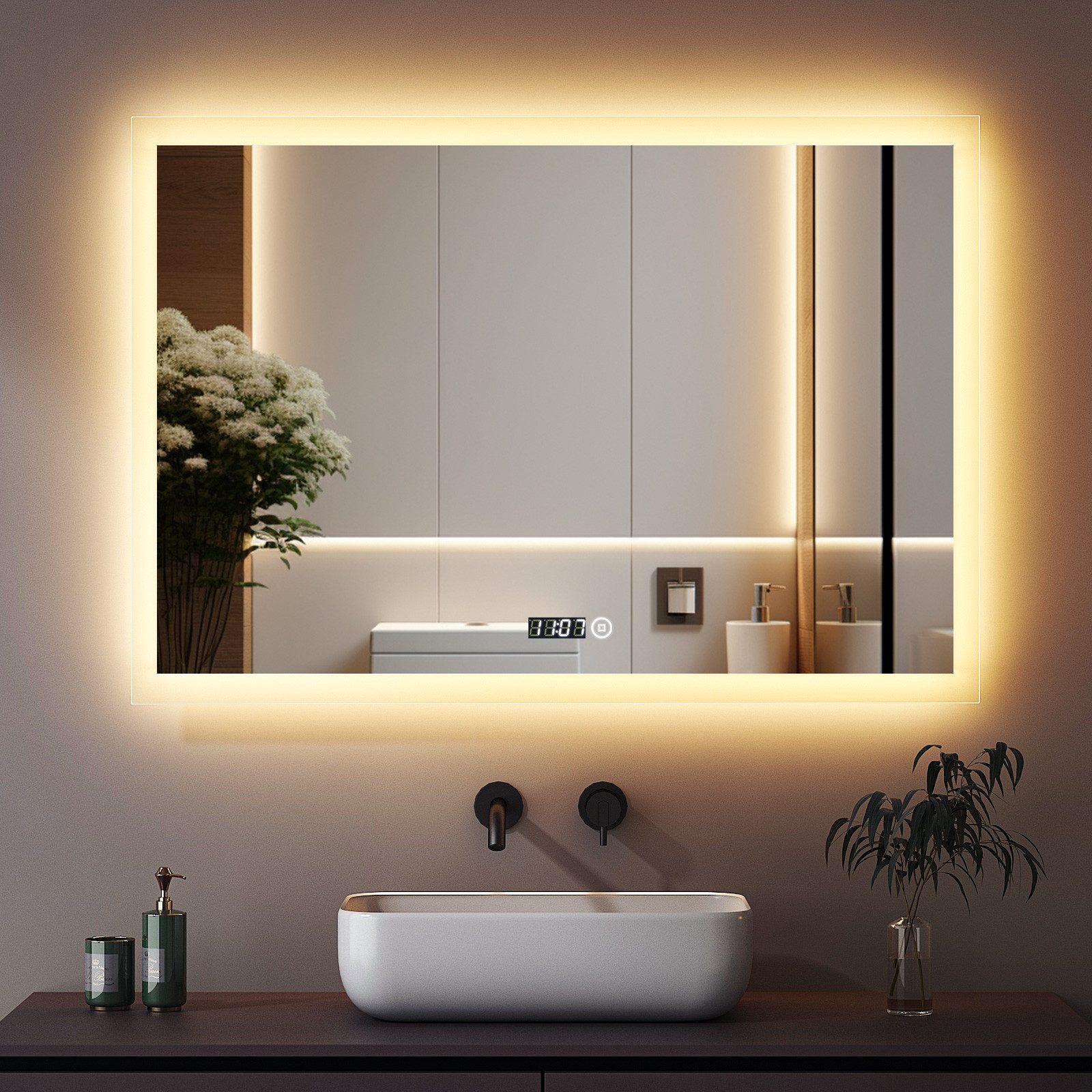 Wandspiegel Led Badspiegel 80x60 mit Uhr 3Lichtfarben Dimmbar Speicherfunktion
