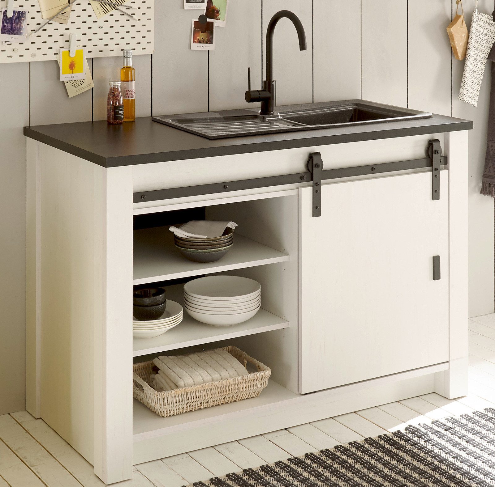 Furn.Design Spülenunterschrank Stove (Küchenschrank in Pinie weiß Vintage, B x H ca. 133 x 93 cm) für Spüle oder Ceranfeld